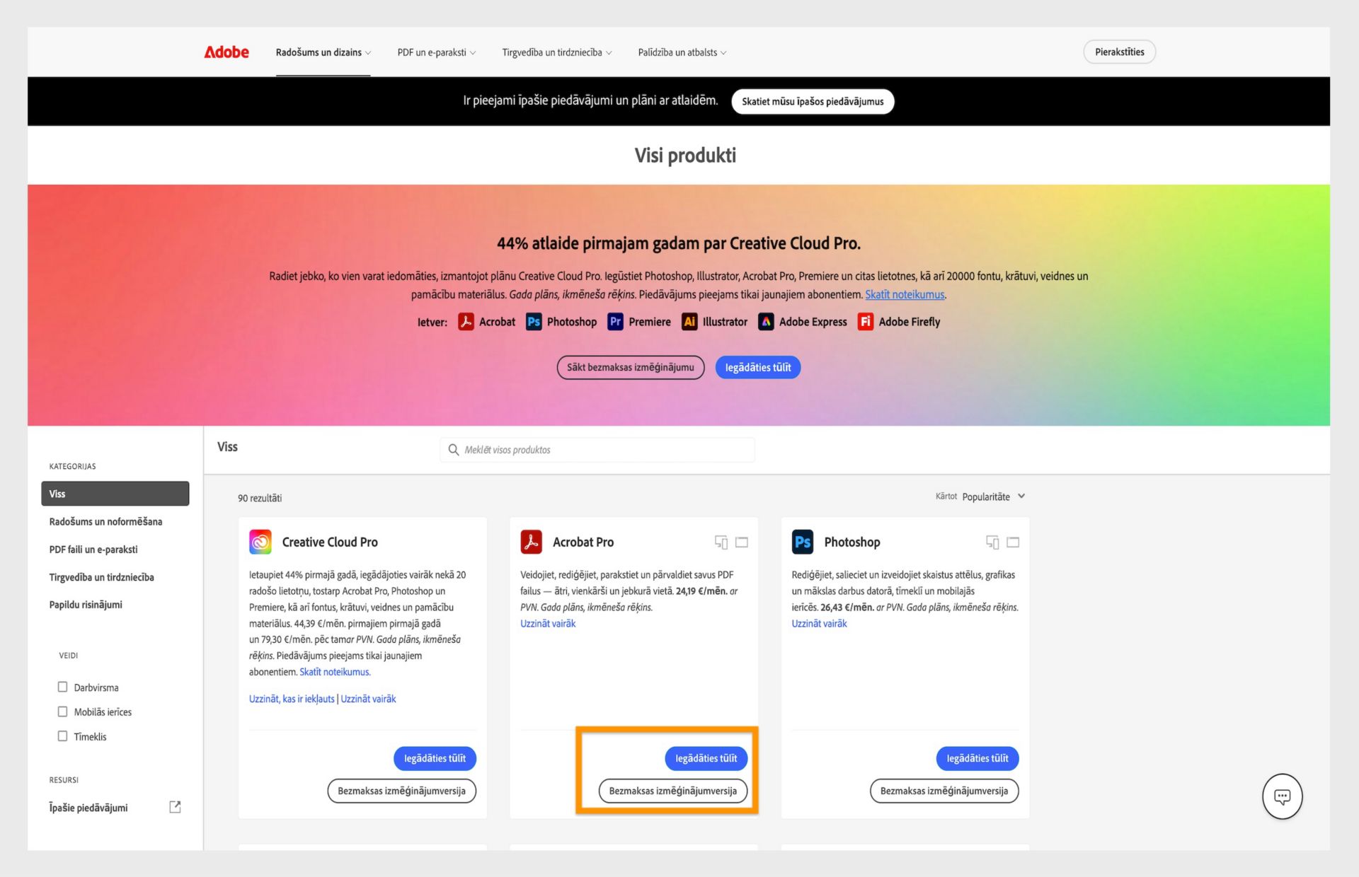Adobe produktu kataloga tīmekļa vietne, kurā tiek rādītas Creative Cloud abonementu varianti ar cenām un lejupielādes saites.