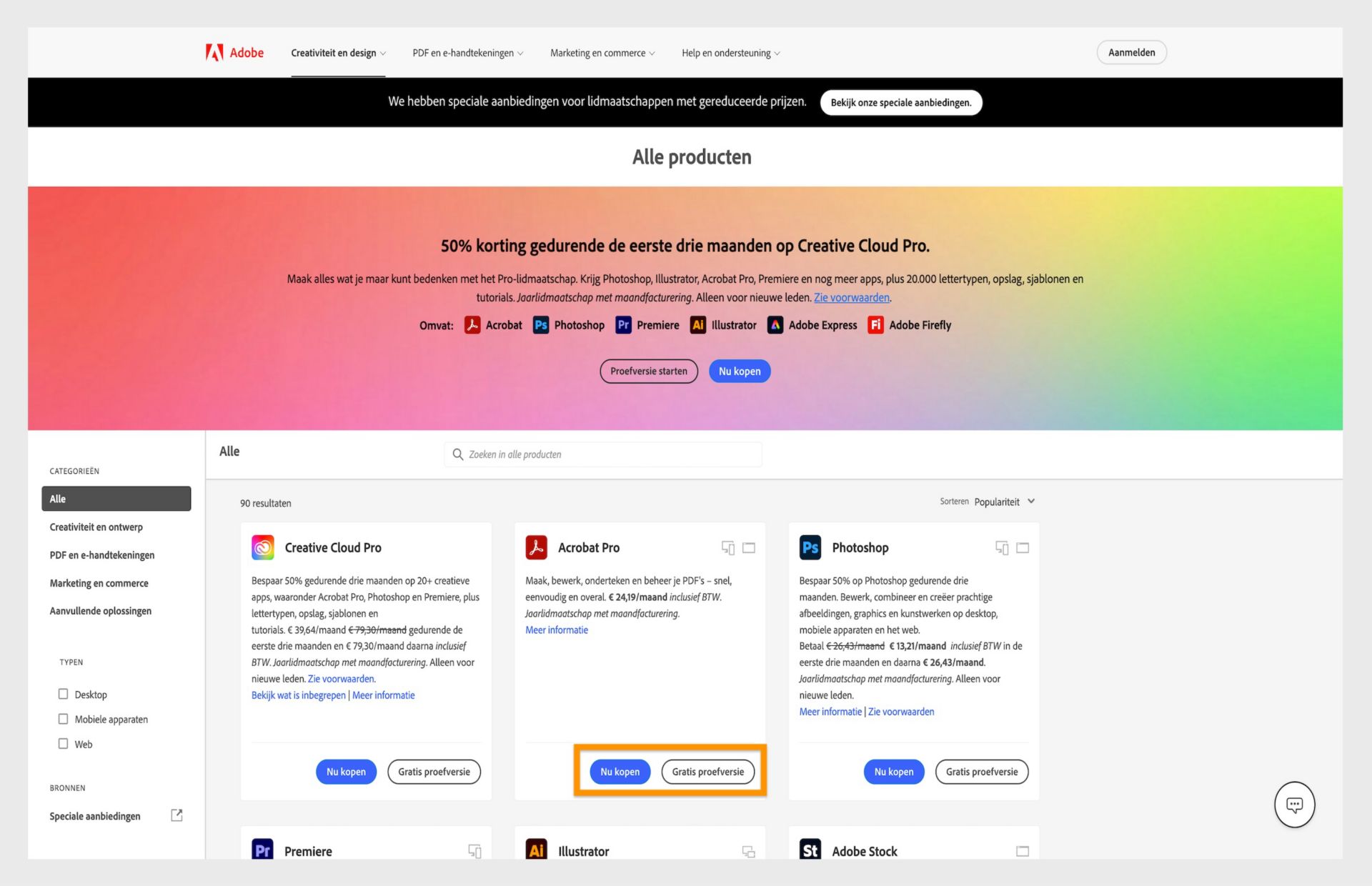 De webpagina van Adobe's productcatalogus met Creative Cloud-abonnementsopties met prijzen en downloadlinks.