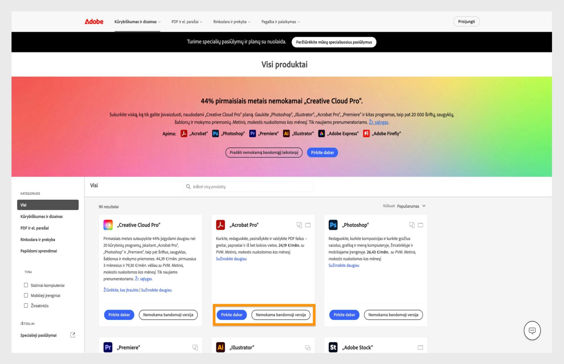 „Adobe“ produktų katalogo tinklalapis, kuriame pateikti „Creative Cloud“ prenumeratos variantai su kainomis ir atsisiuntimo nuorodomis.