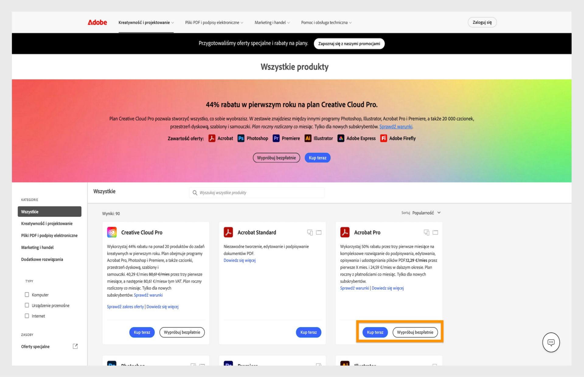 Strona internetowa katalogu produktów Adobe zawierająca opcje subskrypcji Creative Cloud z cenami i łączami do pobierania.