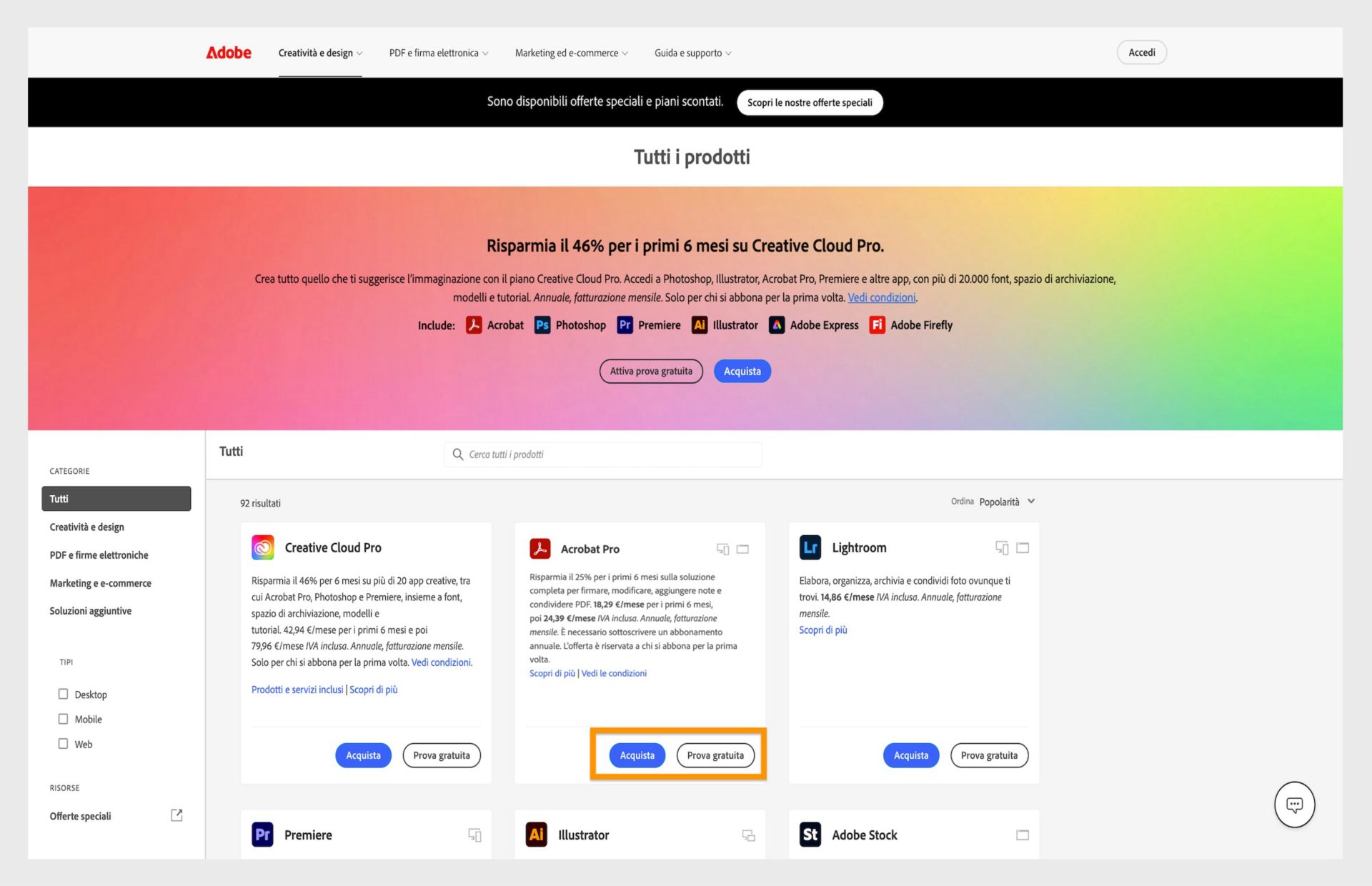 Pagina web del catalogo dei prodotti Adobe che mostra le opzioni di abbonamento Creative Cloud con prezzi e collegamenti per il download.