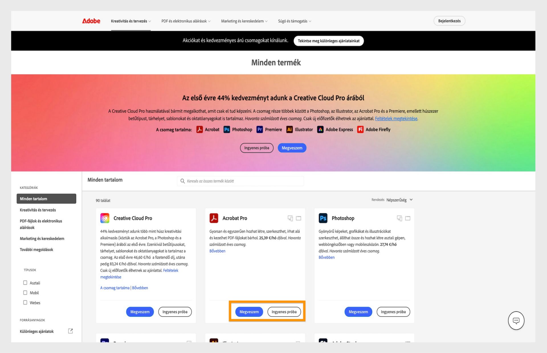 Az Adobe termékkatalógus weblapja, amelyen a Creative Cloud előfizetési lehetőségei árazási és letöltési hivatkozásokkal láthatók.