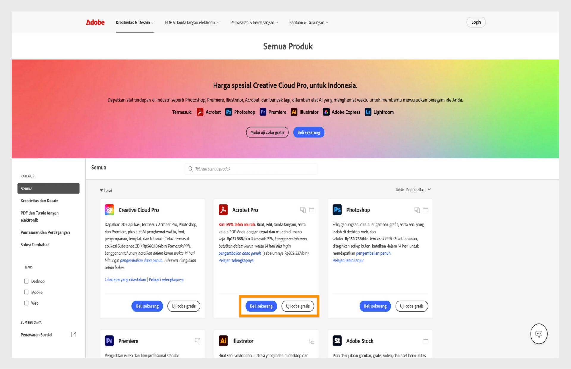 Halaman web katalog produk Adobe yang menampilkan opsi langganan Creative Cloud dengan harga dan tautan unduh.