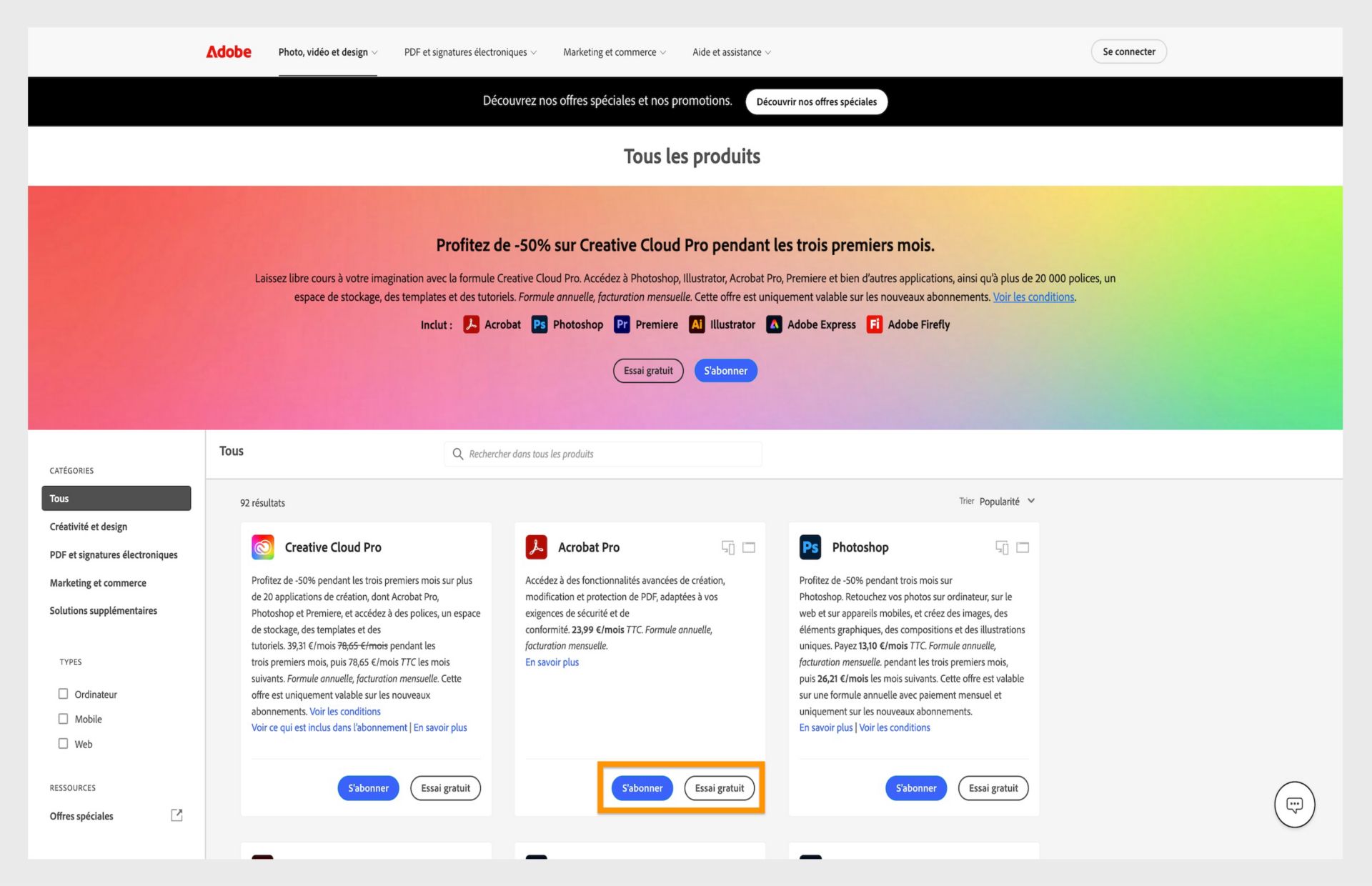 La page Web du catalogue de produits Adobe affiche des options d’abonnement à Creative Cloud avec des liens de tarification et de téléchargement.