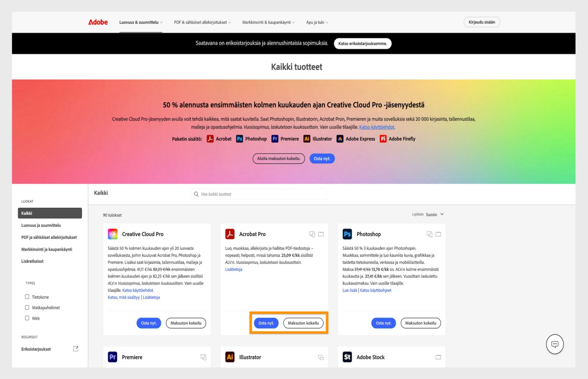 Adoben tuoteluettelosivulla näkyvät Creative Cloud -tilausvaihtoehdot sekä hintatiedot ja latauslinkit.