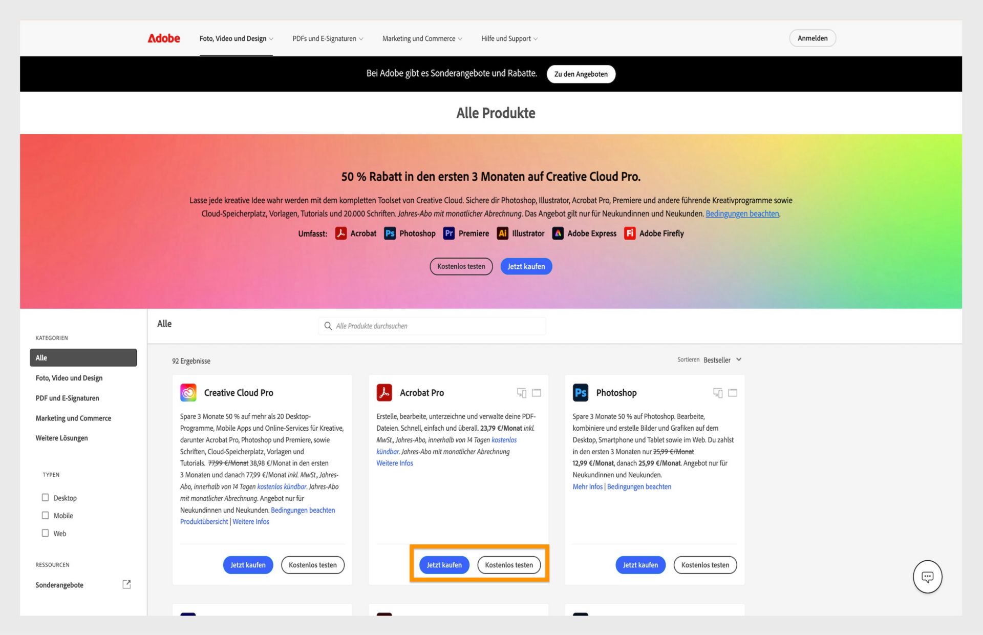 Die Webseite des Produktkatalogs von Adobe zeigt die Creative Cloud-Abonnementoptionen mit Preisen und Download-Links.