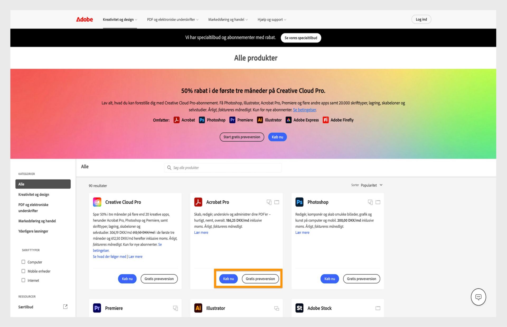 Adobes webside med produktkataloget, der viser Creative Cloud-abonnementsmuligheder med pris- og downloadlinks.