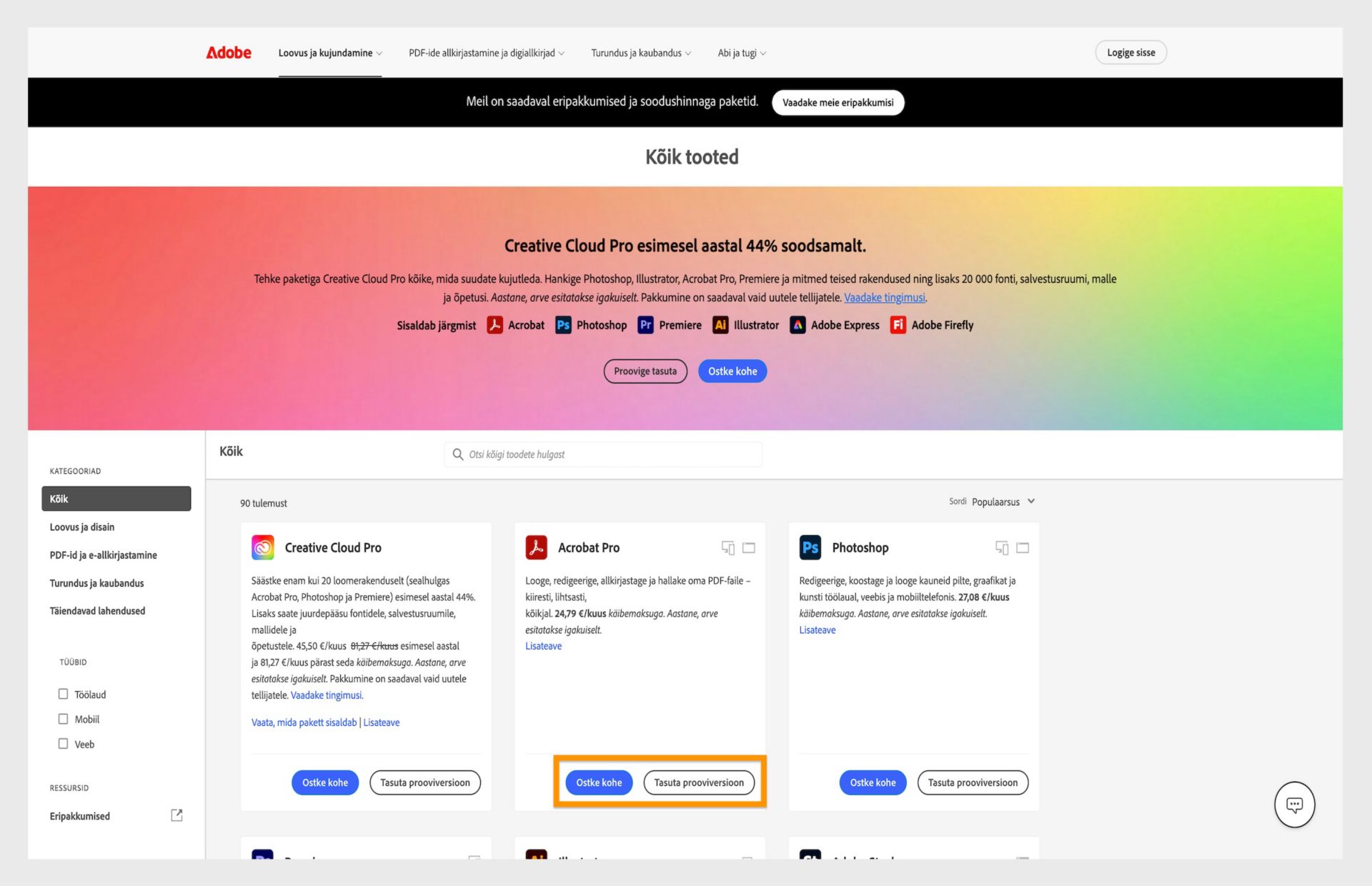 Adobe tootekataloogi veebileht kuvamas Creative Cloudi tellimuste valikuid koos hindade ja allalaadimislinkidega.