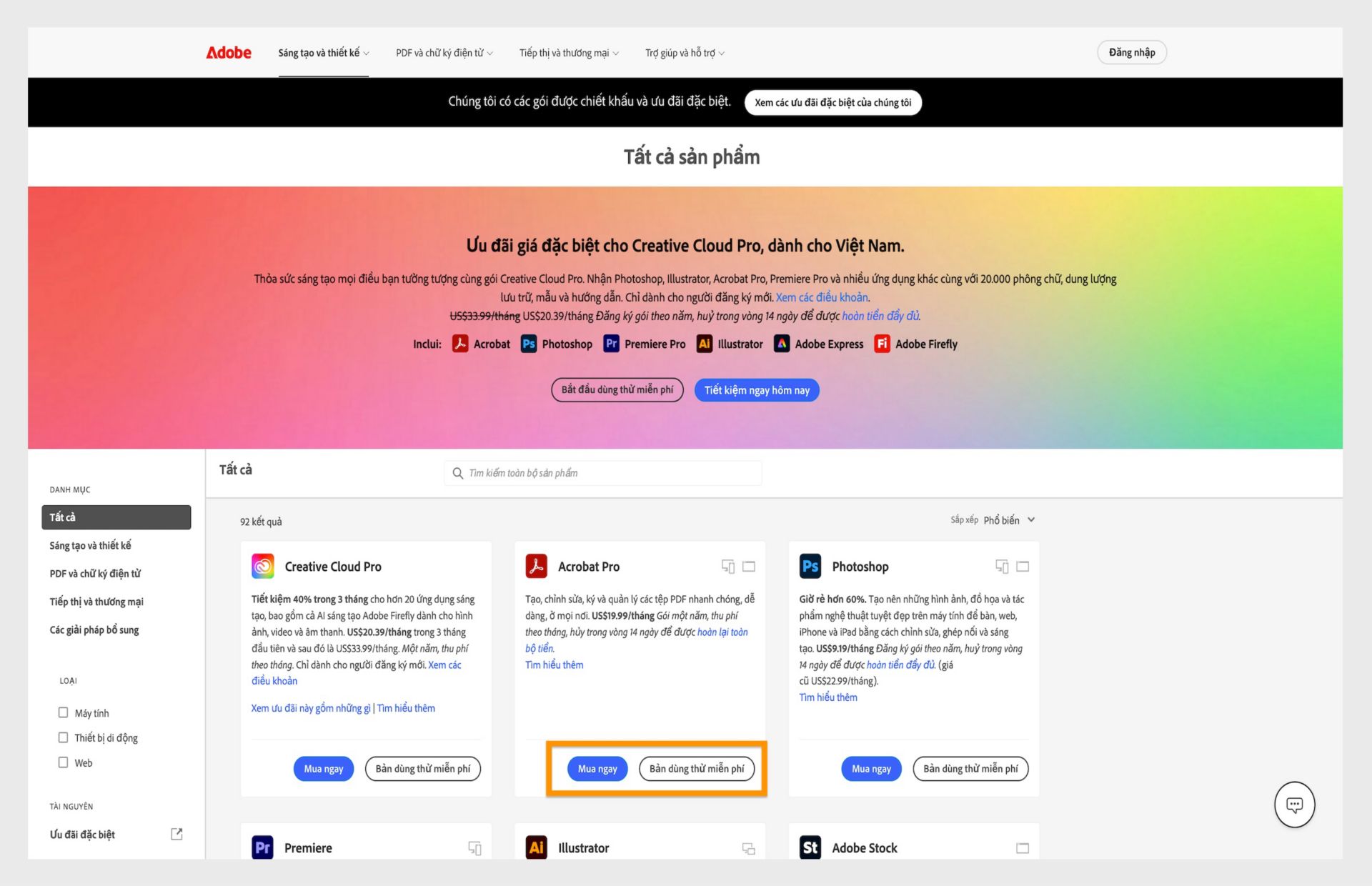 Trang web danh mục sản phẩm của Adobe hiển thị các tùy chọn đăng ký Creative Cloud với giá và liên kết tải xuống.
