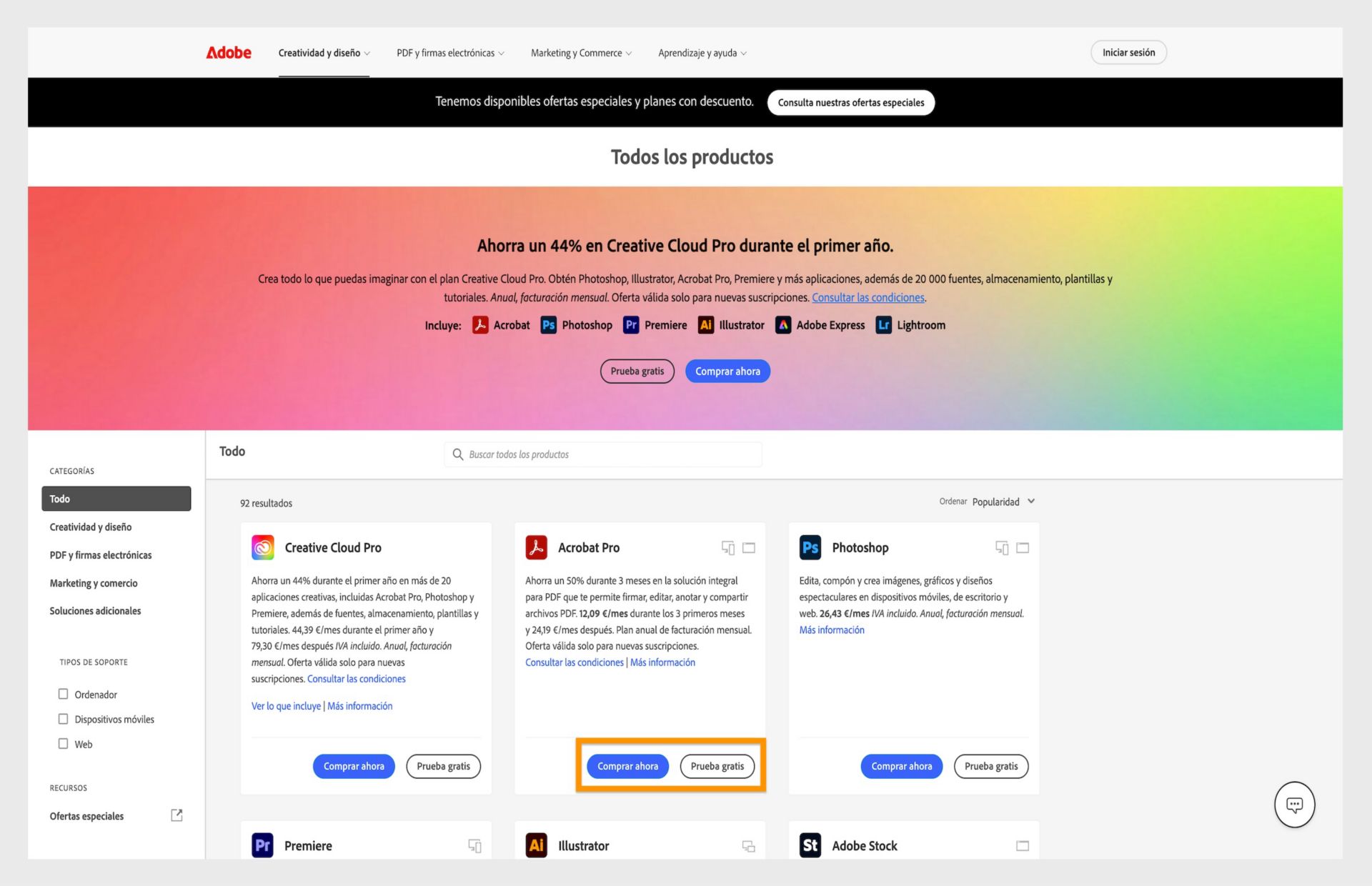 Página web del catálogo de productos de Adobe que muestra las opciones de suscripción de Creative Cloud con precios y enlaces de descarga.
