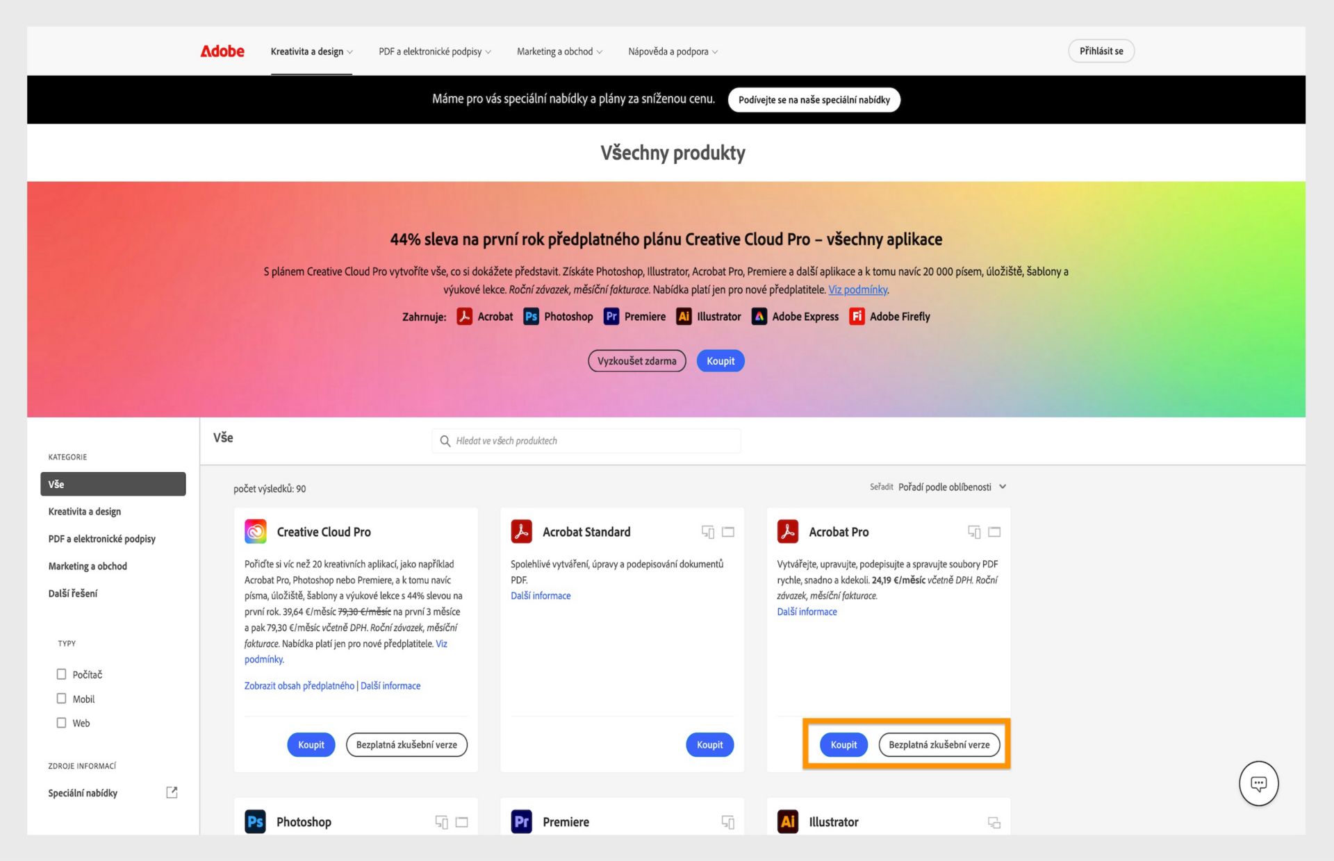 Webové stránky katalogu produktů Adobe zobrazující možnosti předplatného služby Creative Cloud s cenami a odkazy ke stažení.