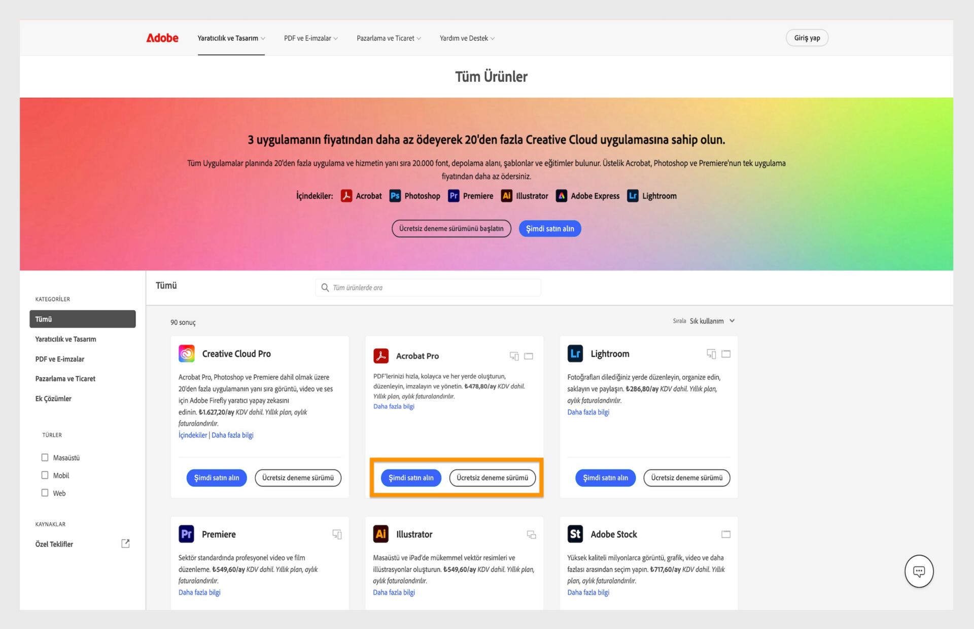 Adobe'nin Creative Cloud abonelik seçeneklerini, fiyatlandırmayı ve indirme bağlantılarını gösteren ürün kataloğu web sayfası.