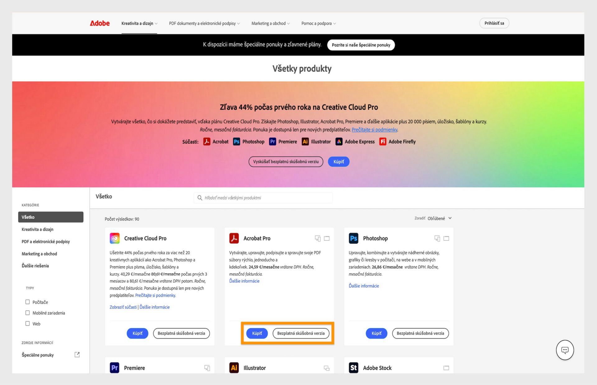 Webová stránka katalógu produktov spoločnosti Adobe zobrazujúca možnosti predplatného Creative Cloud s cenami a odkazmi na stiahnutie.