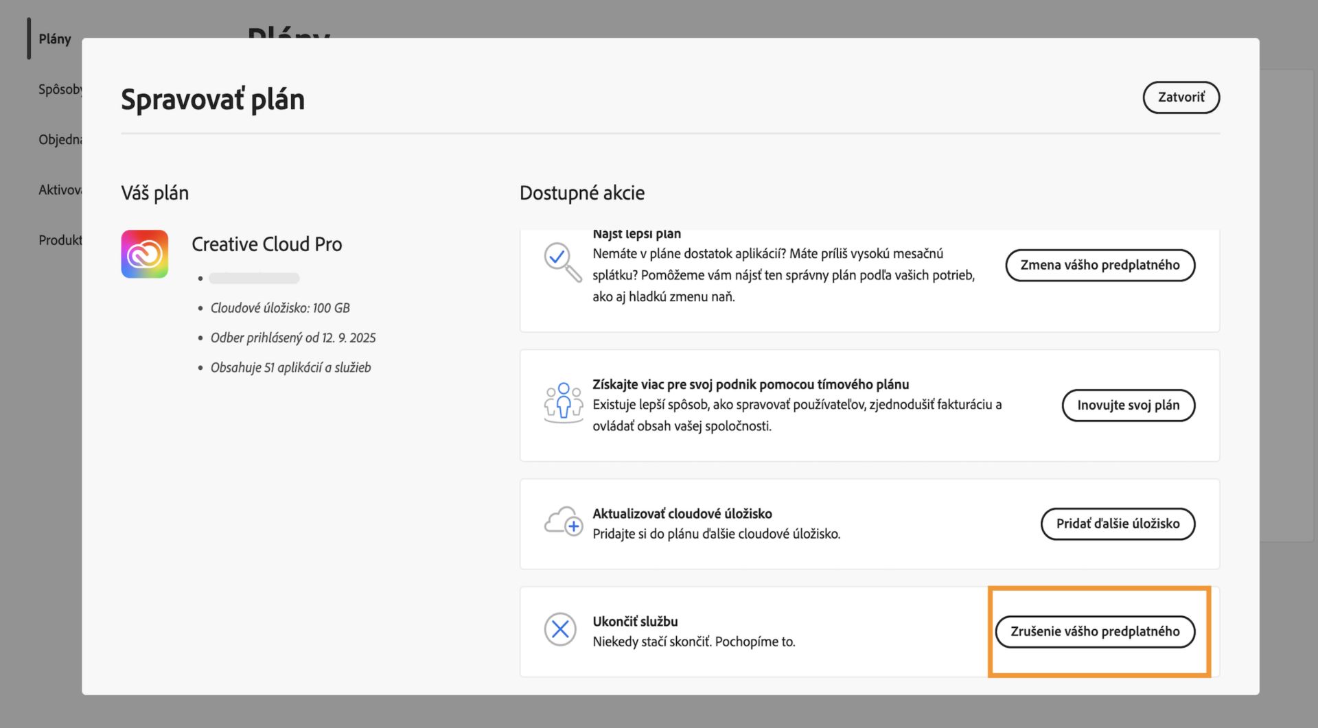 Tlačidlo Zrušiť plán, ktoré je dostupné priamo pri podrobnostiach vášho plánu v okne Spravovať plán, poskytuje možnosť zrušiť vaše predplatné Adobe.  