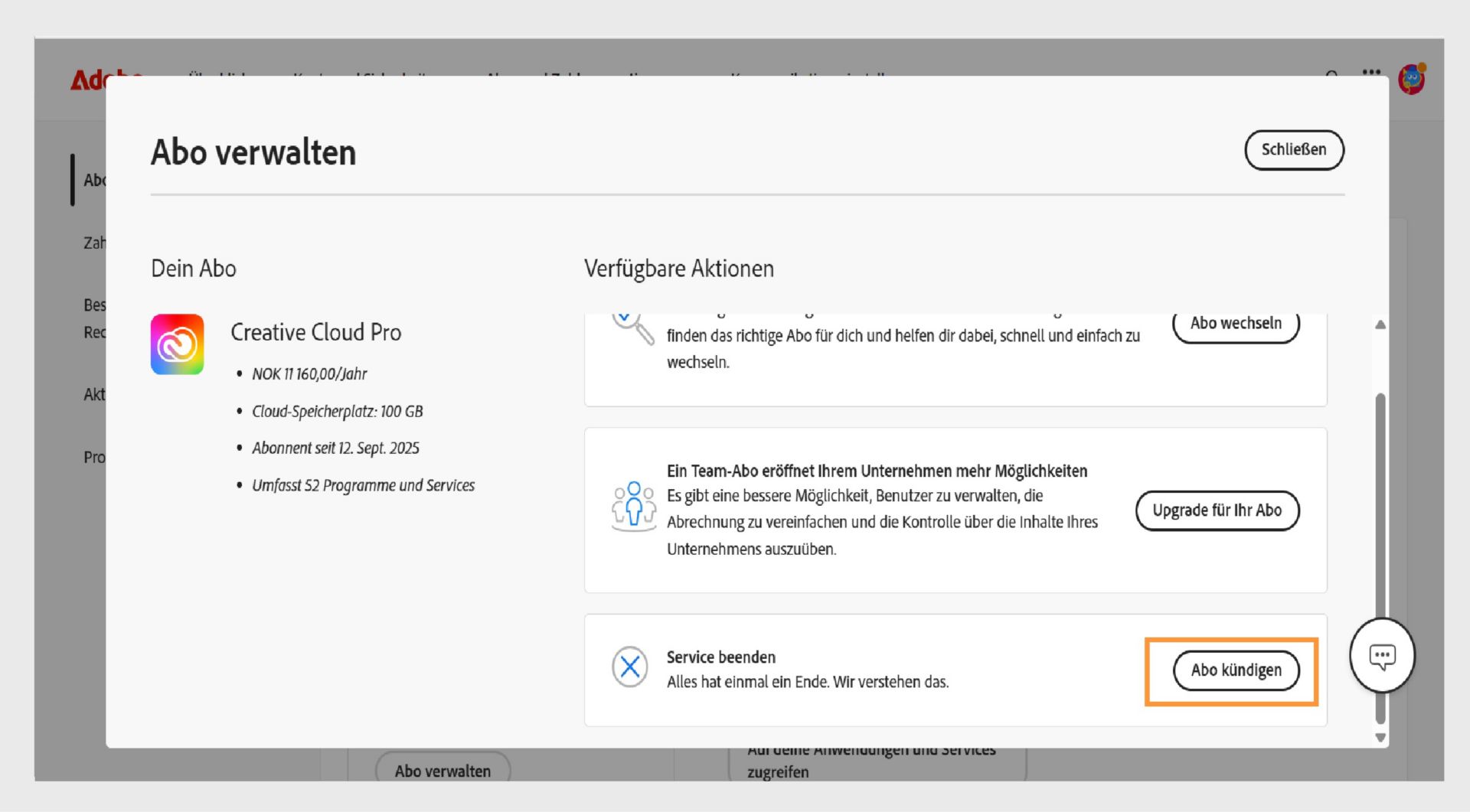 Die Schaltfläche „Abo kündigen“, die im Fenster „Abo verwalten“ rechts von deinen Abo-Details verfügbar ist, bietet die Möglichkeit, dein Adobe-Abo zu kündigen.  