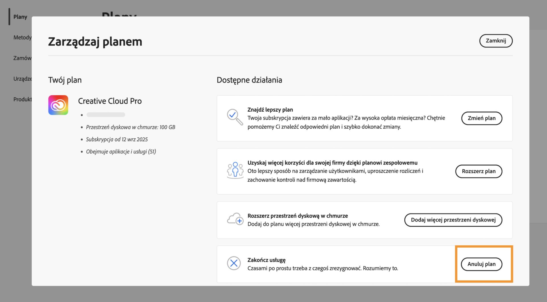 Przycisk Anuluj plan, który jest dostępny po prawej stronie szczegółów planu w oknie Zarządzaj planem, umożliwia anulowanie subskrypcji Adobe.  