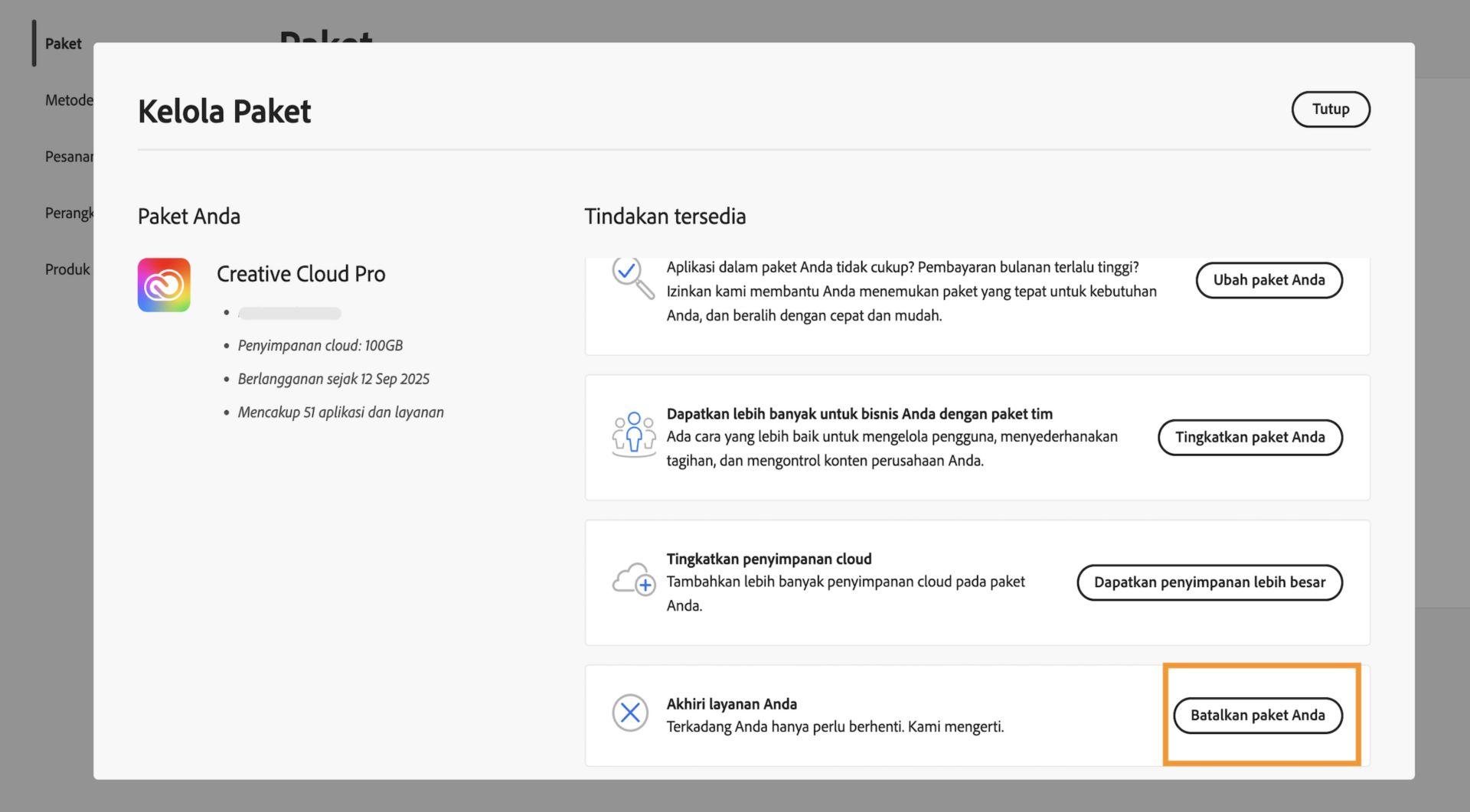 Tombol Batalkan paket Anda, tersedia langsung ke detail paket Anda di jendela Kelola paket, menyediakan opsi untuk membatalkan langganan Adobe Anda.  