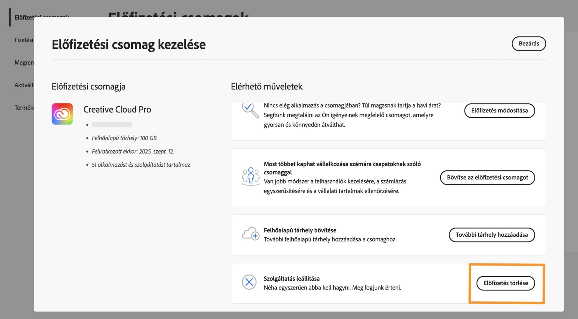 A Csomag kezelése ablakban, a csomag részleteinek jobb oldalán található Csomag lemondása lehetőséggel lemondhatja Adobe-előfizetését.  