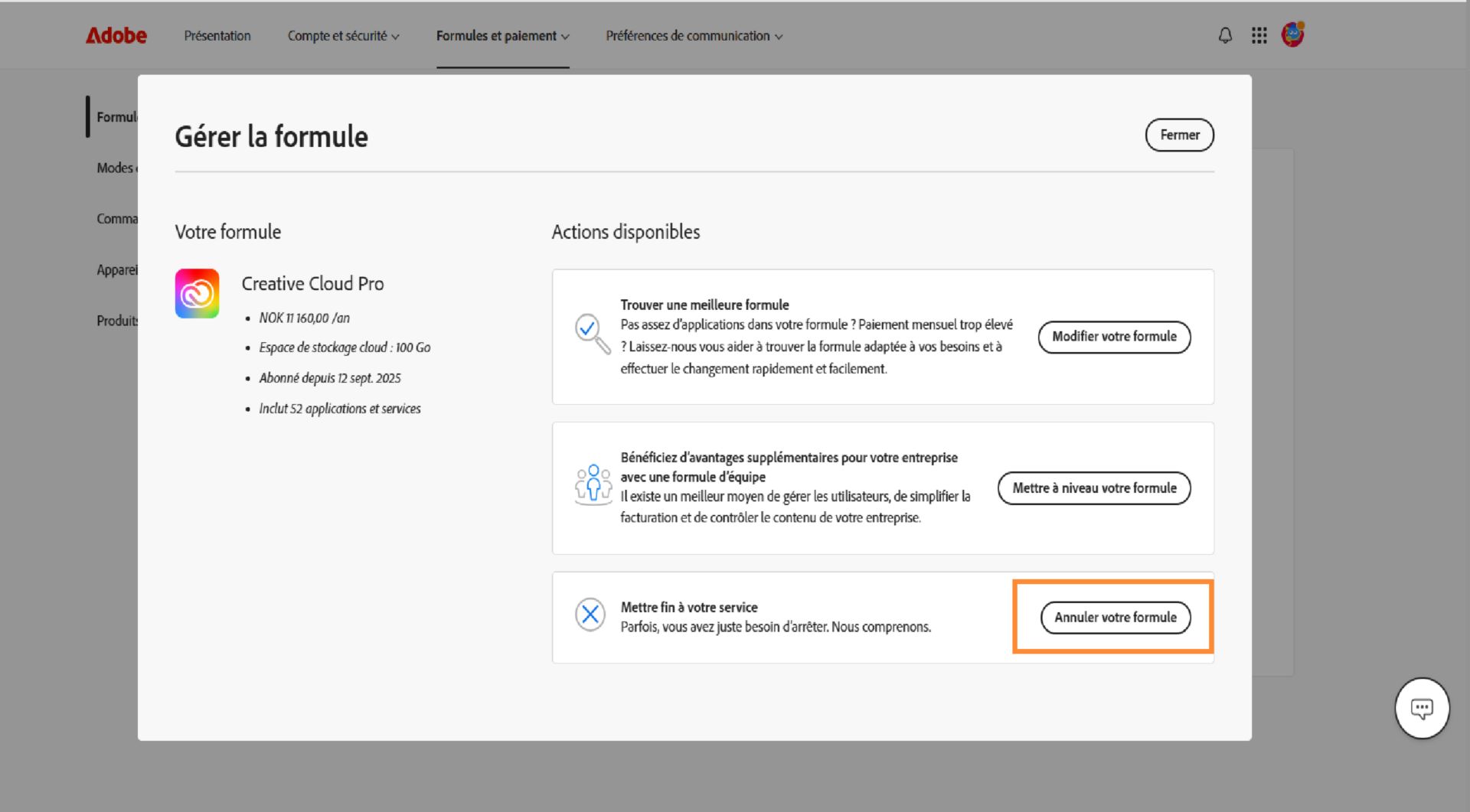 Le bouton Résilier votre abonnement, accessible directement dans les détails de votre abonnement dans la fenêtre Gérer la formule, permet de résilier votre abonnement Adobe.  
