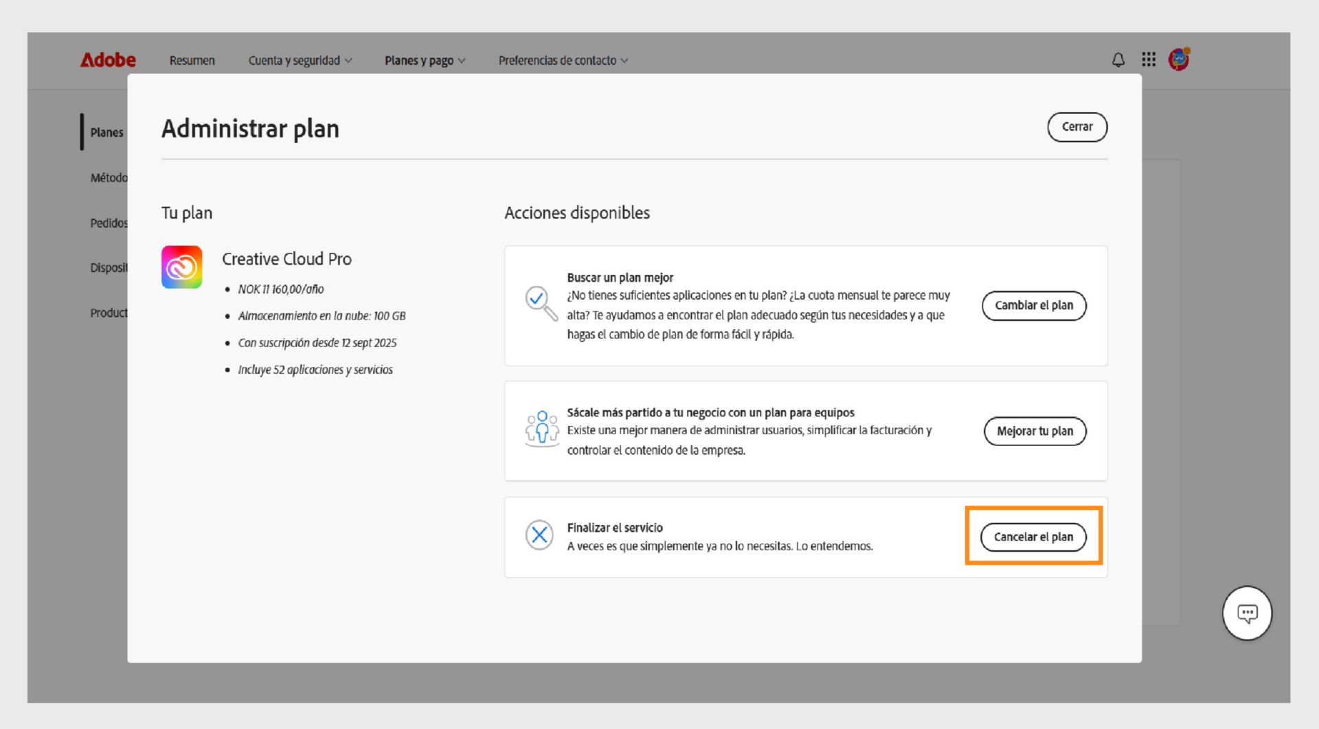 El botón Cancelar su plan, disponible directamente en los detalles de su plan en la ventana Administrar plan, ofrece la opción de cancelar su suscripción a Adobe.  
