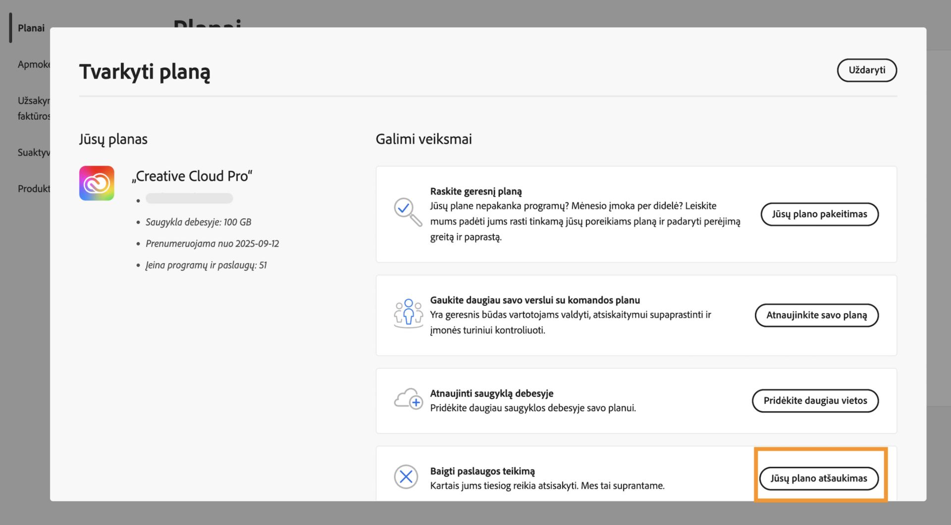 Mygtukas „Atšaukti planą“, pasiekiamas planų tvarkymo lange šalia plano informacijos, suteikia galimybę atšaukti „Adobe“ prenumeratą.  
