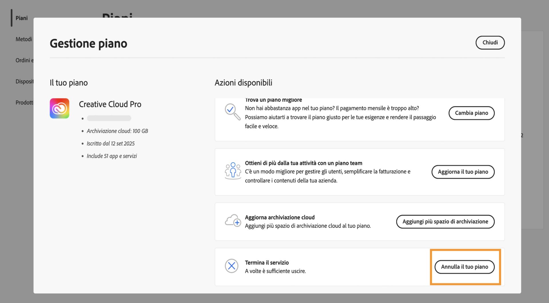 Il pulsante Annulla il tuo piano, disponibile a destra dei dettagli del piano nella finestra Gestione piano, consente di annullare l'abbonamento Adobe.  
