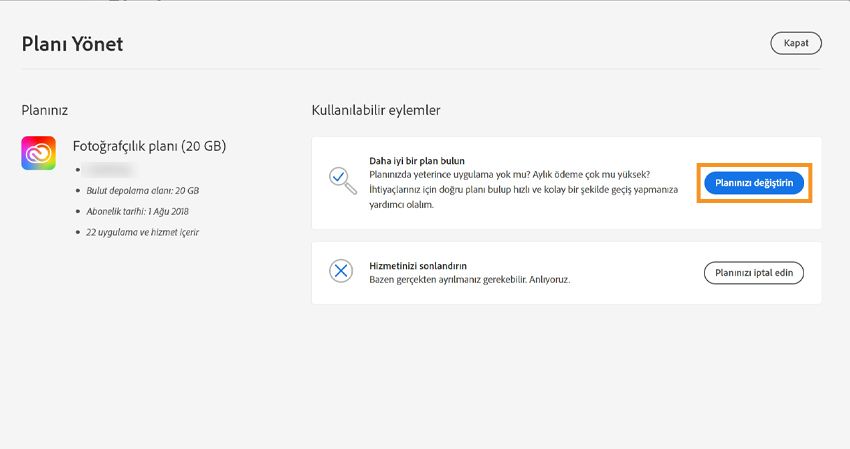 Geçerli planınızı değiştirmeye devam etmek için Planınızı değiştirin'i seçin