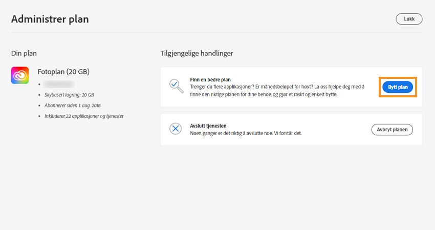 Velg Bytt plan for å fortsette med å endre den aktuelle planen