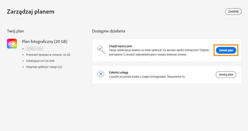 Wybierz opcję Zmień plan, aby kontynuować zmianę bieżącego planu