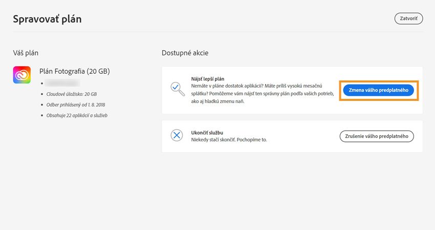 Ak chcete pokračovať v zmene aktuálneho plánu, vyberte Zmena plánu