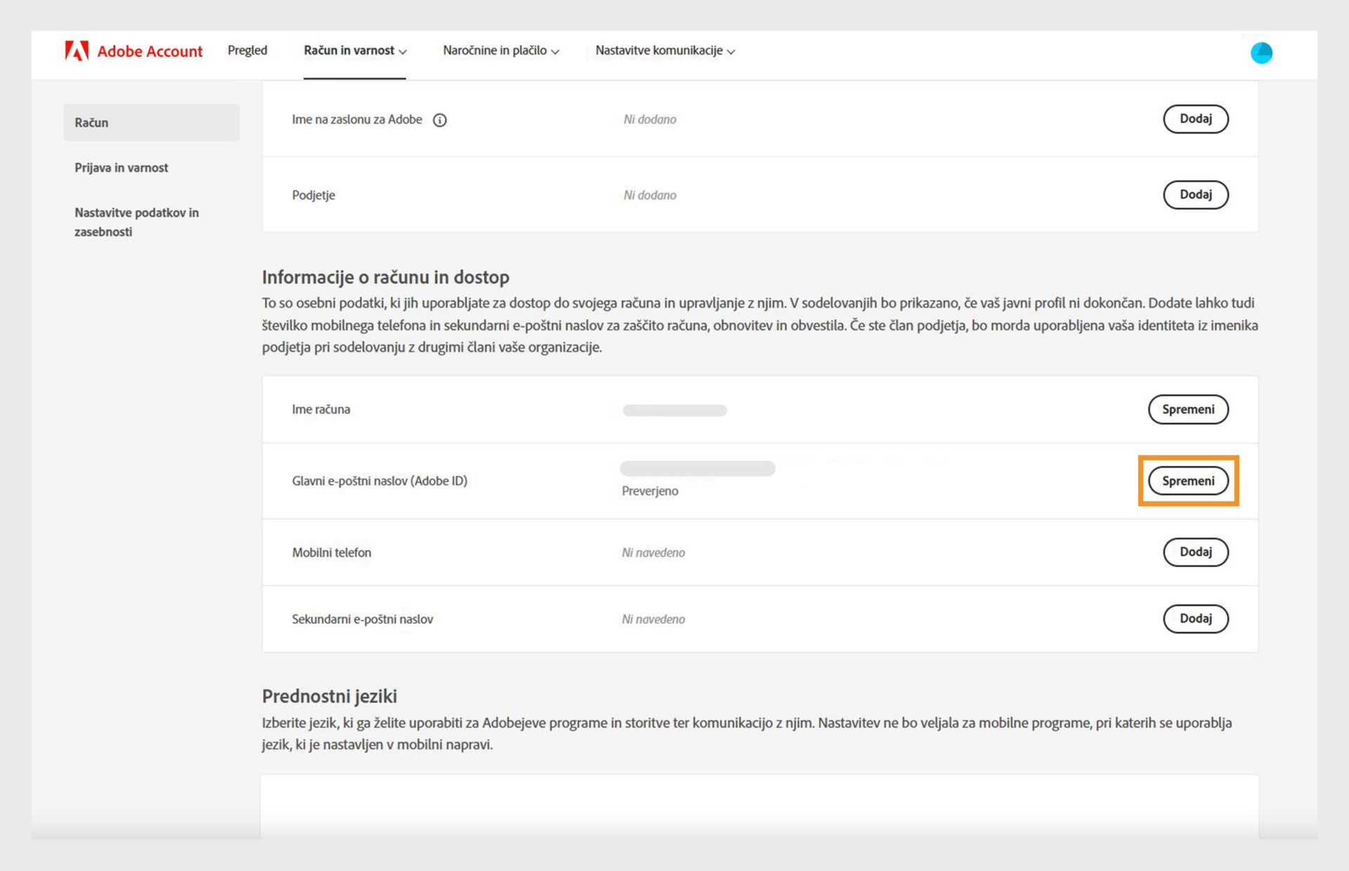 Podatki o računu in razdelek za dostop na strani računa, ki prikazuje možnosti za spremembo imena računa in glavnega e-poštnega naslova ali Adobe ID-ja ter dodajanje številke mobilnega telefona in sekundarnega e-poštnega naslova. 