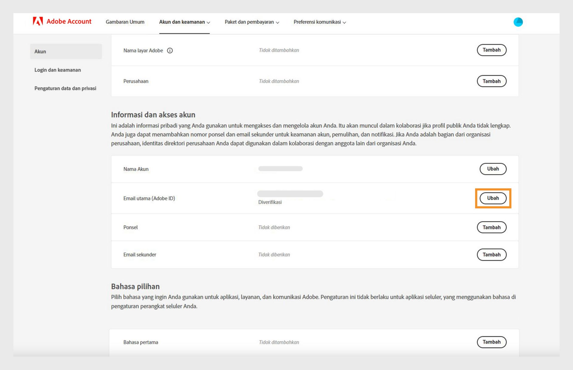 Bagian informasi dan akses Akun pada halaman Akun menampilkan opsi untuk mengubah nama Akun dan email Utama atau Adobe ID, serta menambahkan nomor telepon seluler dan email sekunder. 
