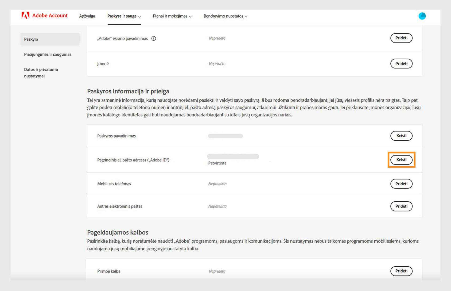 Skiltis „Paskyros informacija ir prieiga“ puslapyje „Paskyra“, kurioje rodomos parinktys, skirtos paskyros pavadinimui ir pagrindiniam el. pašto adresui arba „Adobe ID“ pakeisti bei mobiliojo telefono numeriui ir antriniam el. pašto adresui pridėti. 