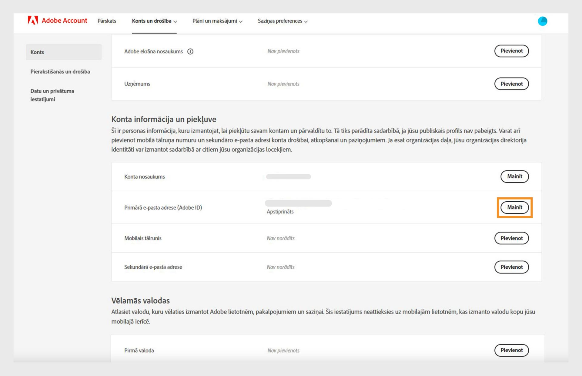 Konta lapas sadaļā Konta informācija un piekļuve ir redzamas iespējas mainīt konta nosaukumu un primāro e-pastu vai Adobe ID, kā arī pievienot mobilā tālruņa numuru un sekundāro e-pasta adresi. 