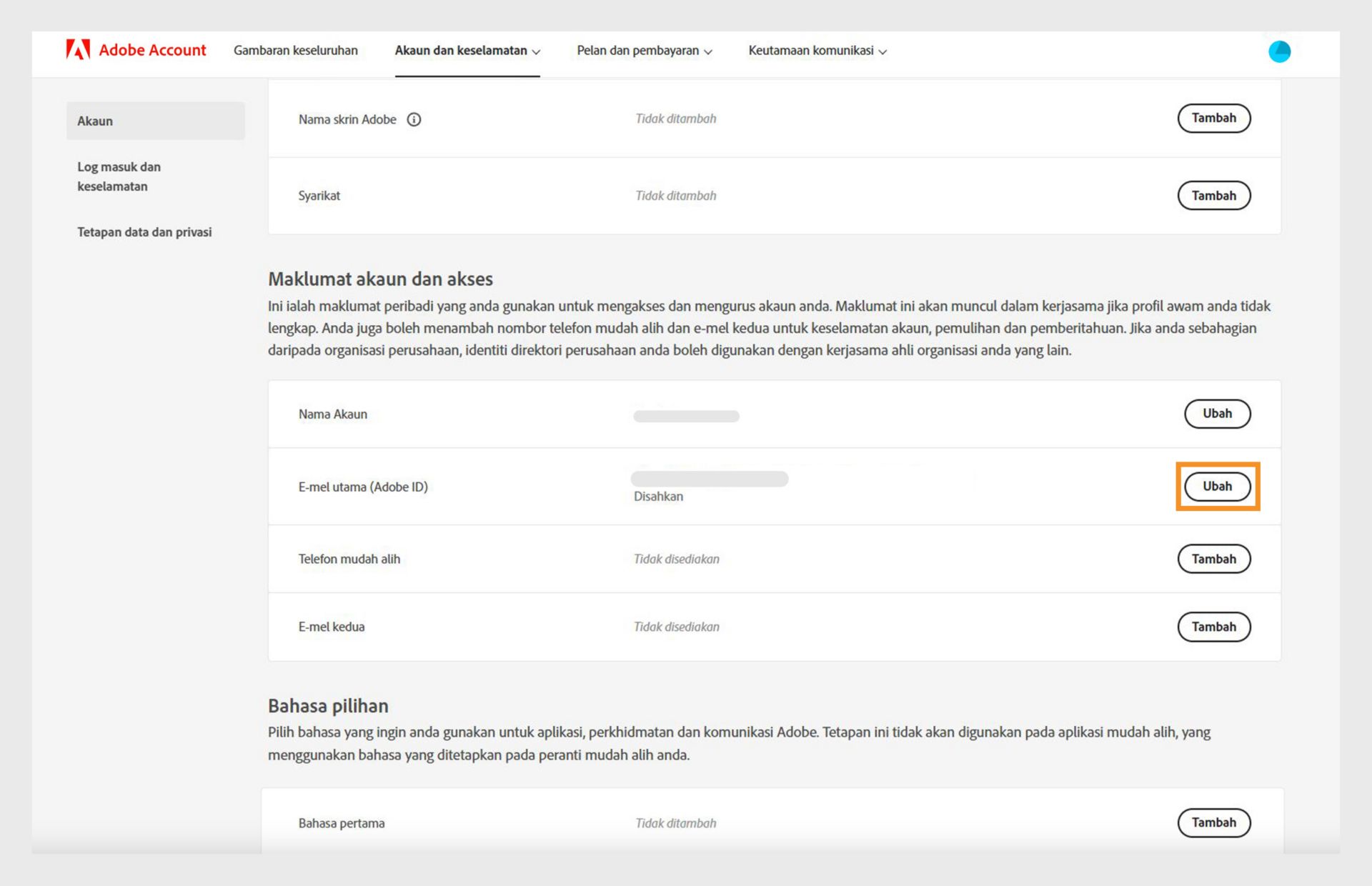 Bahagian Maklumat akaun dan akses pada halaman Akaun menunjukkan pilihan untuk menukar nama Akaun dan e-mel Utama atau Adobe ID anda serta menambah nombor telefon mudah alih dan e-mel kedua. 