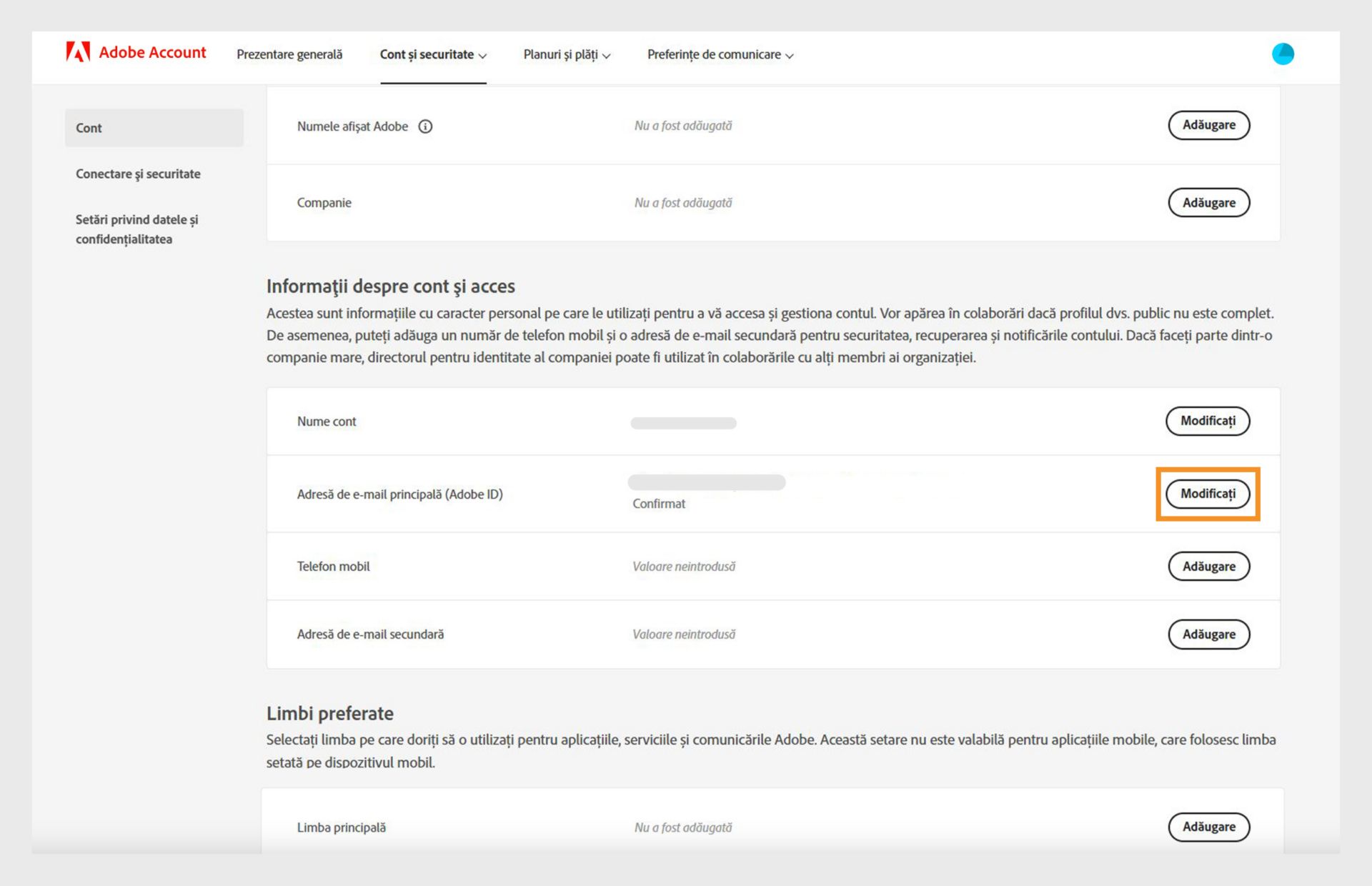 Secțiunea Informații despre cont și acces din pagina Cont, cu opțiunile de modificare a numelui contului și a adresei de e-mail principale sau Adobe ID, precum și opțiunile de adăugare a unui număr de telefon mobil și a unei adrese de e-mail secundare. 