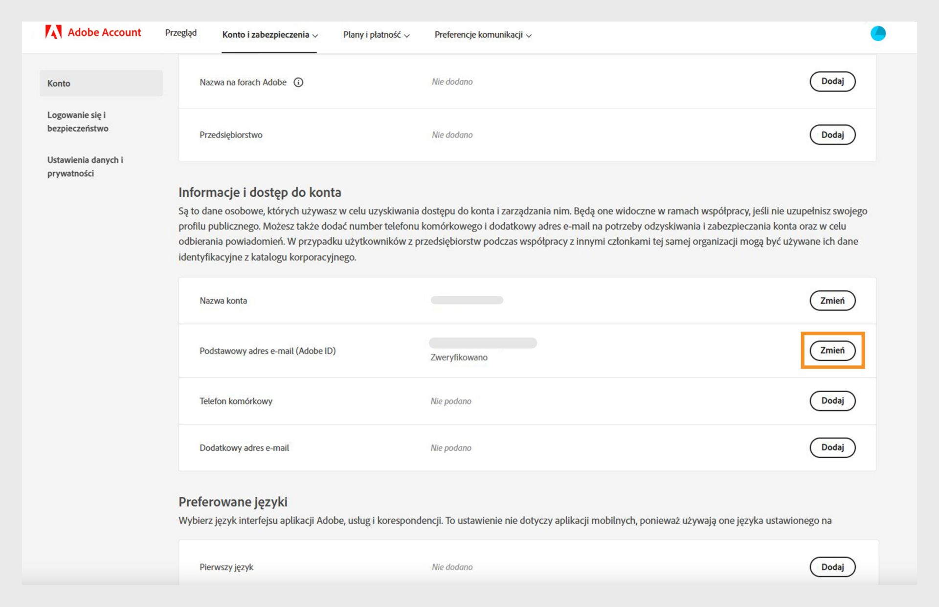 Sekcja Informacje o koncie i dostęp na stronie Konto zawiera opcje zmiany nazwy konta oraz głównego adresu e-mail lub identyfikatora Adobe ID, a także dodania numeru telefonu komórkowego i dodatkowego adresu e-mail. 