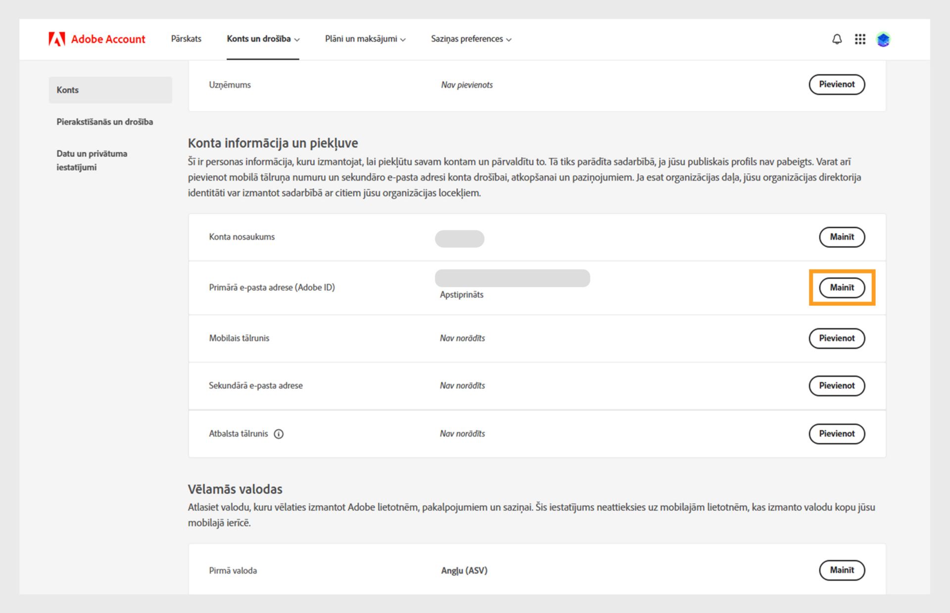 Konta un drošības lapa, kurā redzamas iespējas mainīt konta nosaukumu, primāro e-pasta adresi, Adobe ID vai pievienot tālruņa numuru. sekundārā e-pasta adrese, Adobe ekrānvārds, valodas, uzņēmums un cilnes, lai pārslēgtos uz pierakstīšanos, drošību un datiem vai konfidencialitāti. 