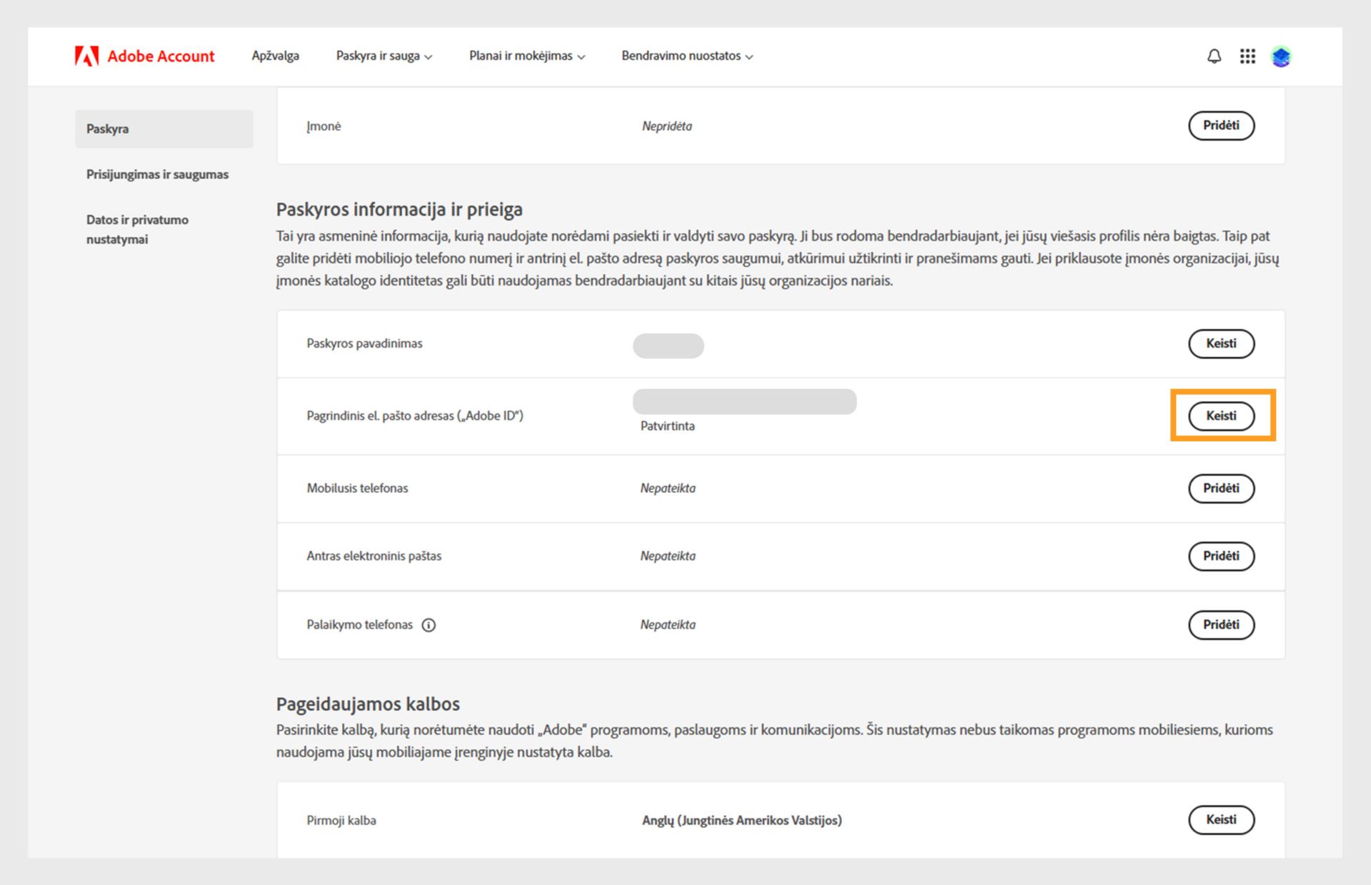 Paskyros ir saugumo puslapis, kuriame pateikiamos paskyros pavadinimo ir pagrindinio el. pašto adreso arba „Adobe“ ID keitimo, taip pat telefono numerio pridėjimo parinktys. Nustatykite antrinį el. pašto adresą, „Adobe“ ekrano vardą, kalbas ir įmonę, tada perjunkite skirtukus „Prisijungti“, „Saugumas ir duomenys“ bei „Privatumas“. 