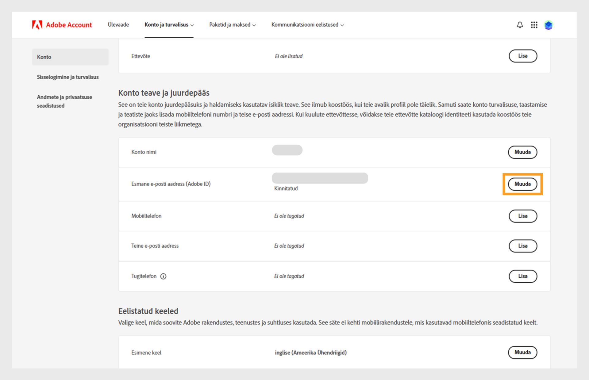 Konto ja turvalisus lehekülg, kus kuvatakse võimalusi konto nime ja esmase e-posti või Adobe ID muutmiseks, telefoninumbri lisamiseks. teisene e-posti aadress, Adobe ekraaninimi, keeled ja ettevõte ning lülitage sisse ja vahetage vahekaartidele Sisselogimine ja turvalisus ja andmed ning Privaatsus. 