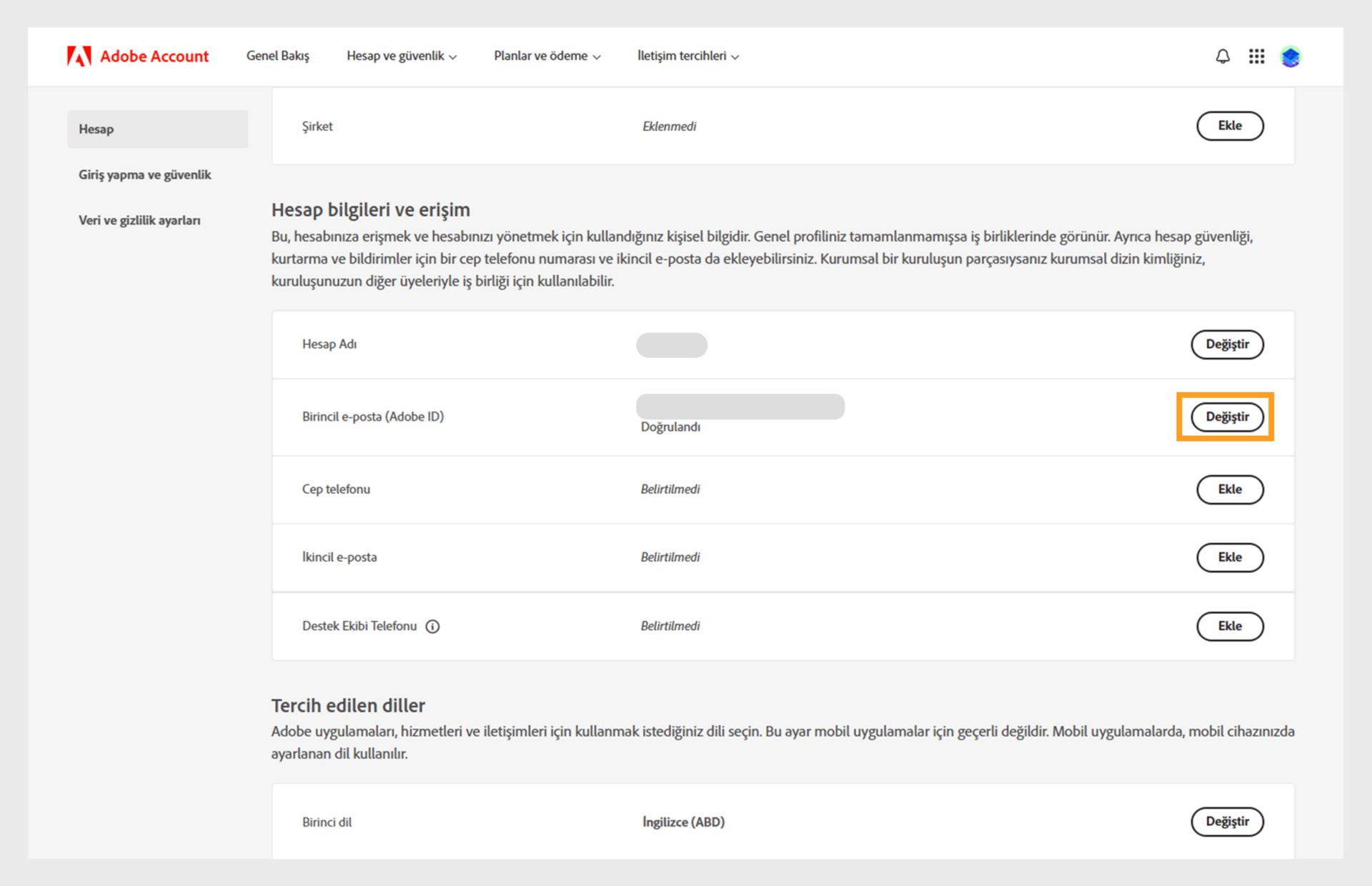 Hesap adını, birincil e-postayı veya Adobe ID'yi değiştirme ve telefon numarası ekleme, ikincil e-posta adresi, Adobe ekran adı, diller, şirket bilgisi ekleme ve Giriş Yapma, Güvenlik ve Veri ve Gizlilik sekmelerine geçiş yapma seçeneklerini gösteren Hesap ve güvenlik sayfası.