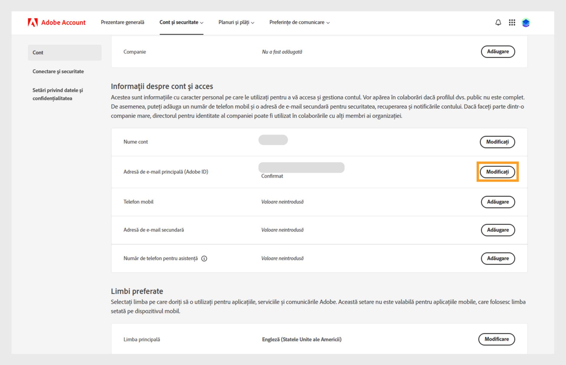 Pagina de Cont și securitate prezintă opțiuni de modificare a numelui contului și a adresei principale de e-mail sau a ID-ului Adobe, de adăugare a numărului de telefon. adresa de e-mail secundară, numele de ecran Adobe, limbile și compania și treceți la filele Conectare și Securitate și date și Confidențialitate. 