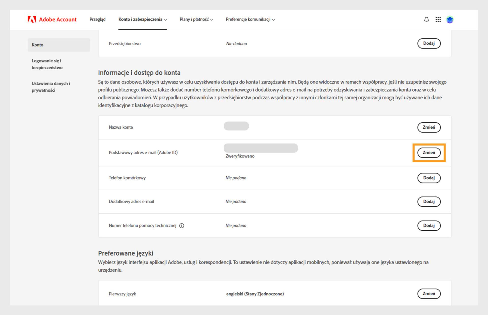 Strona „Konto i zabezpieczenia” zawiera opcje zmiany nazwy konta i głównego adresu e-mail lub identyfikatora Adobe ID, a także dodania numeru telefonu. pomocniczy adres e-mail, nazwa ekranowa Adobe, języki i firma, a także karty Logowanie, Bezpieczeństwo i Dane oraz Prywatność. 