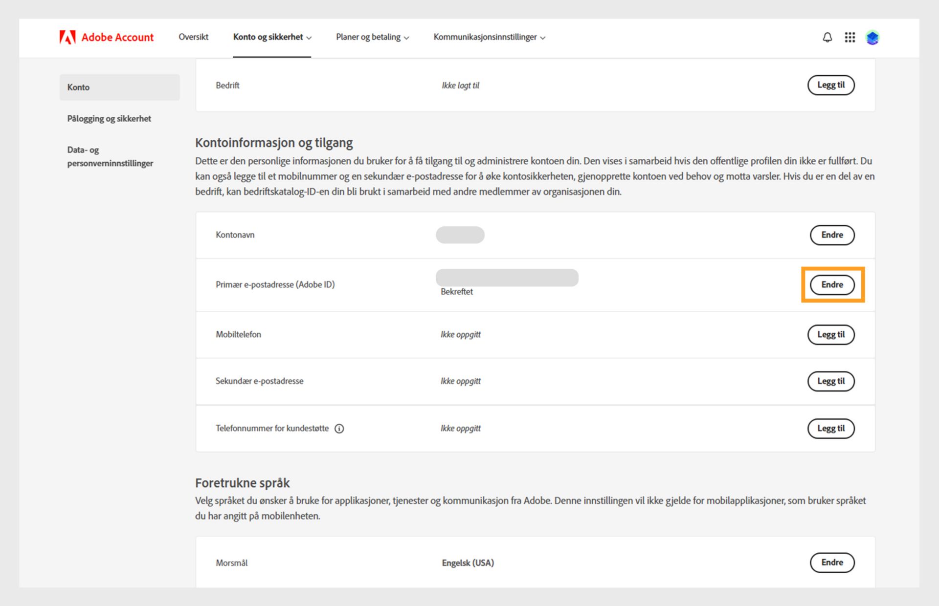 Konto- og sikkerhetssiden viser alternativer for å endre kontonavn og primær e-post eller Adobe ID, og legge til telefonnummer. sekundær e-postadresse, Adobe-skjermnavn, språk, bedrift, og bytt til fanene Logg på og Sikkerhet og data og Personvern. 