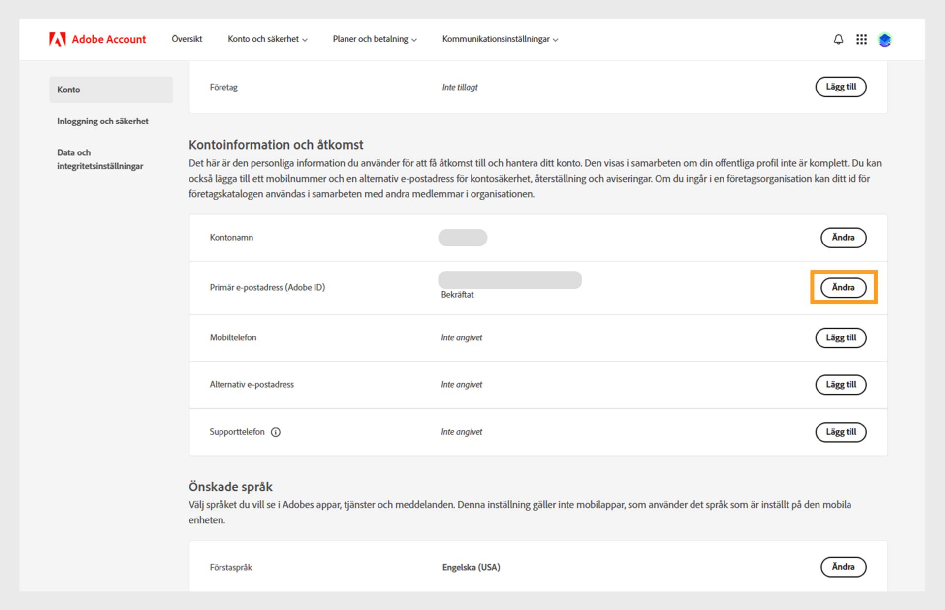 På sidan Konto och säkerhet visas alternativ för att ändra kontonamn och primär e-postadress eller Adobe ID, lägga till telefonnummer. sekundär e-postadress, Adobe-skärmnamn, språk och företag, samt växla till flikarna Inloggning och Säkerhet och Data och Integritet. 