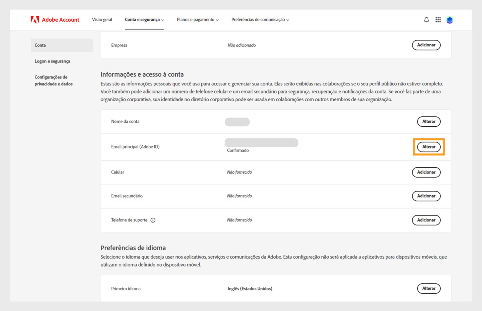 A página Conta e segurança mostra opções para alterar o nome da conta e o email principal ou a Adobe ID, e adicionar um número de telefone. endereço de email secundário, nome de tela da Adobe, idiomas e empresa, e alternar para as guias Fazer logon e Segurança e Dados, e Privacidade. 