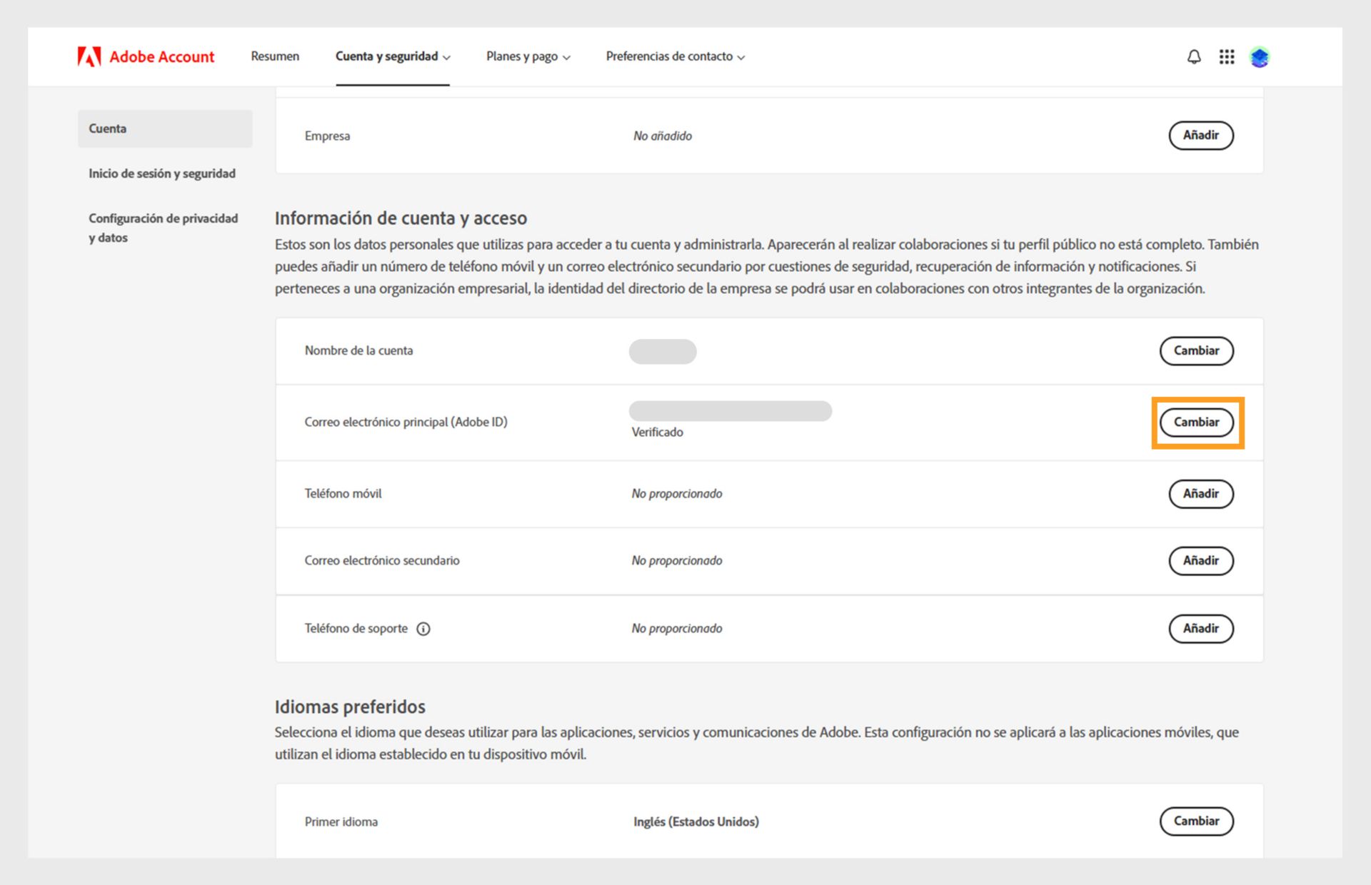 La página Cuenta y seguridad muestra opciones para cambiar el nombre de la cuenta, el correo electrónico principal o Adobe ID, y añadir el número de teléfono. dirección de correo electrónico secundaria, nombre de pantalla de Adobe, idiomas y empresa, y cambie a las pestañas Inicio de sesión y Seguridad y datos, y Privacidad. 