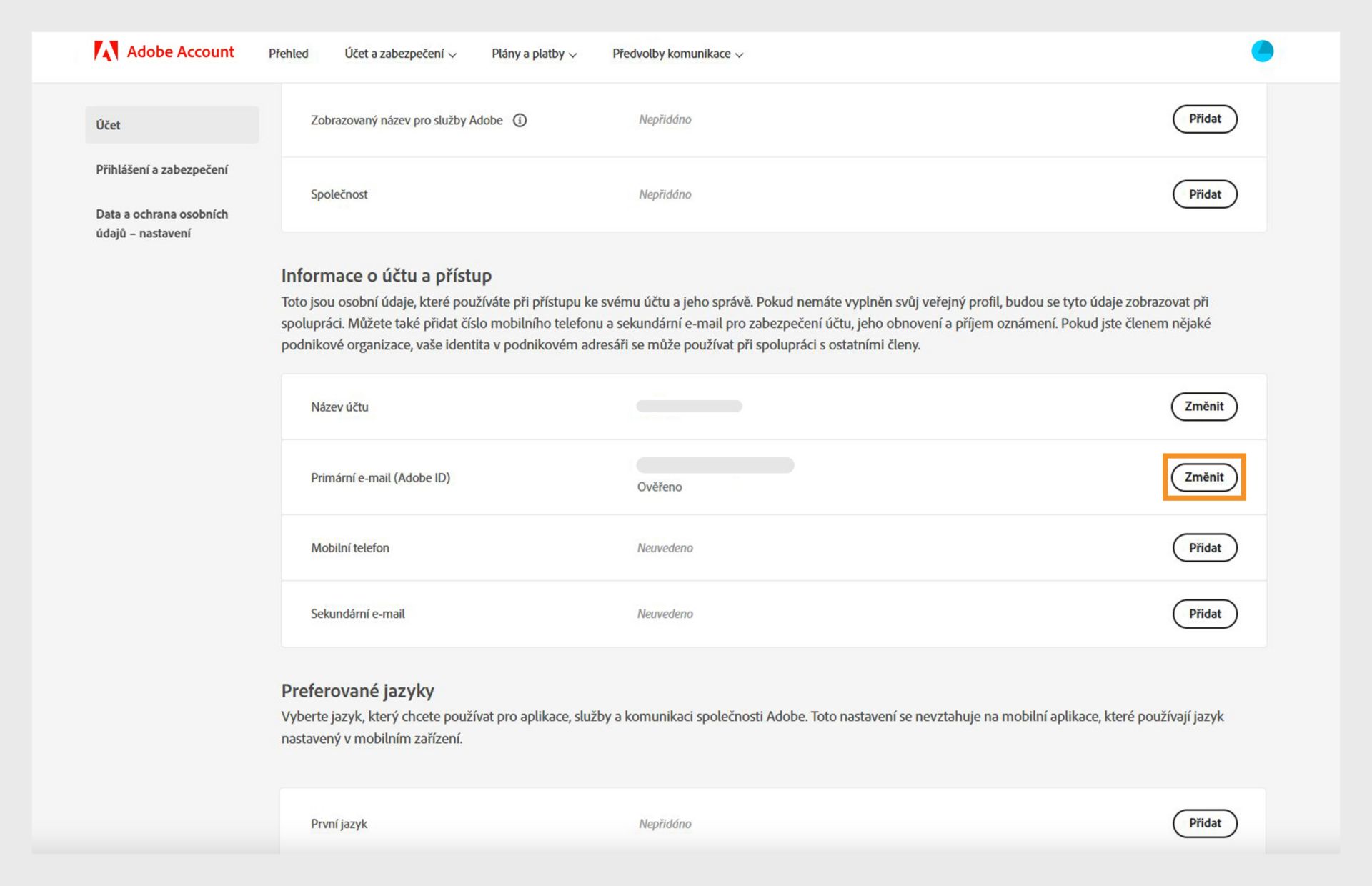 Část Informace o účtu a přístup na stránce Účet zobrazující možnosti pro změnu názvu účtu a primárního e-mailu nebo Adobe ID a přidání čísla mobilního telefonu a sekundárního e-mailu. 