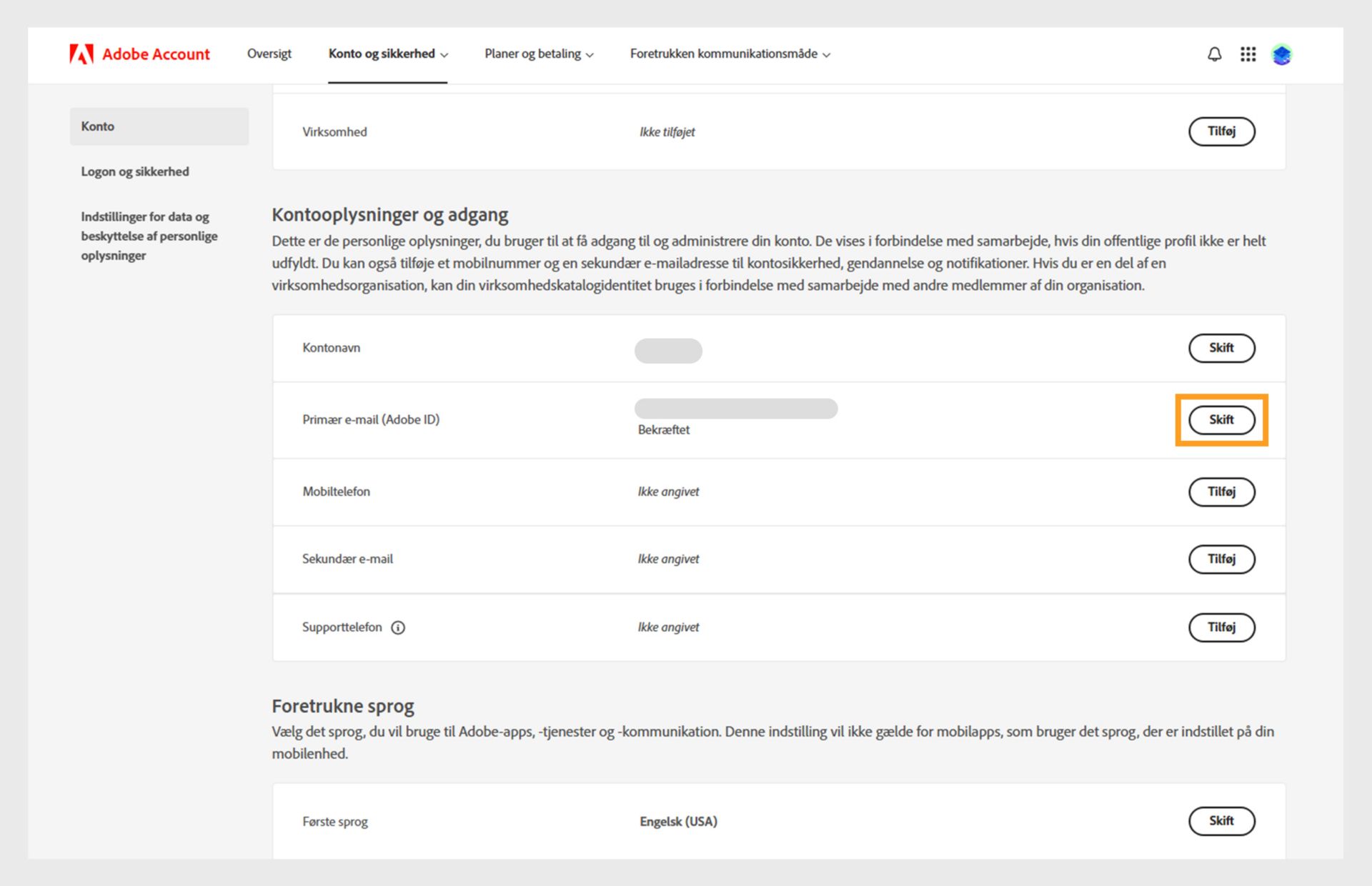 Siden Konto og sikkerhed, der viser mulighederne for at ændre kontonavnet og den primære e-mailadresse eller Adobe ID samt tilføje et telefonnummer. sekundær e-mailadresse, Adobe-skærmnavn, sprog og virksomhed, og fanerne Log på og Sikkerhed og data samt Privatliv. 