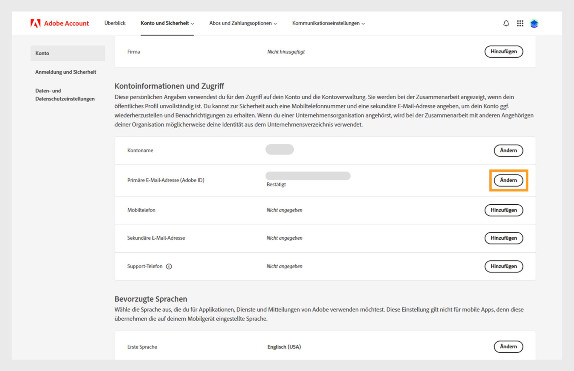 Seite für Konto und Sicherheit mit Optionen zum Ändern des Kontonamens und der primären E-Mail-Adresse oder Adobe ID sowie zum Hinzufügen einer Telefonnummer. Sekundäre E-Mail-Adresse, Adobe-Bildschirmname, Sprachen und Unternehmen; wechsle zu den Registerkarten Anmeldung und Sicherheit und Daten und Datenschutz. 